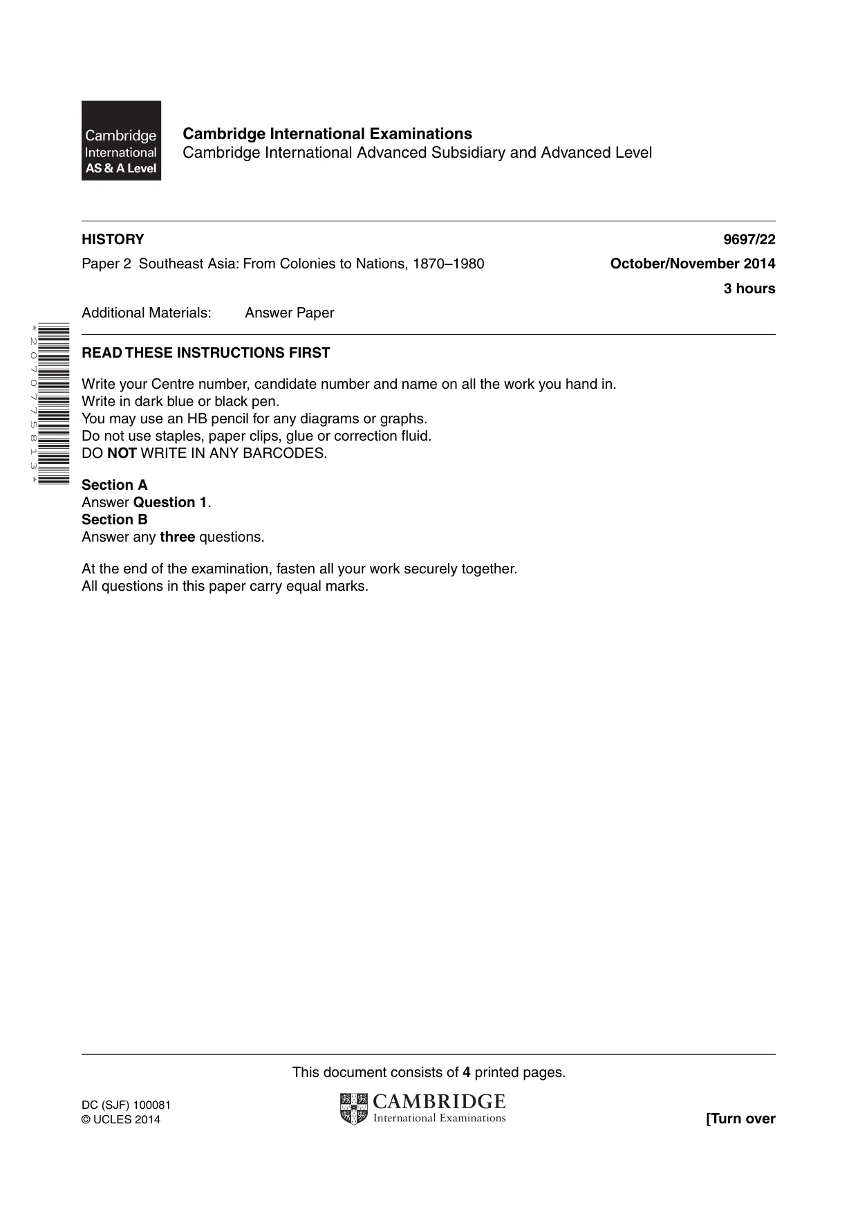 Cambridge A Level History (pre-2015) 9697 2014 Oct/Nov Paper 2 · Variant 2 question paper, page 1 of 4