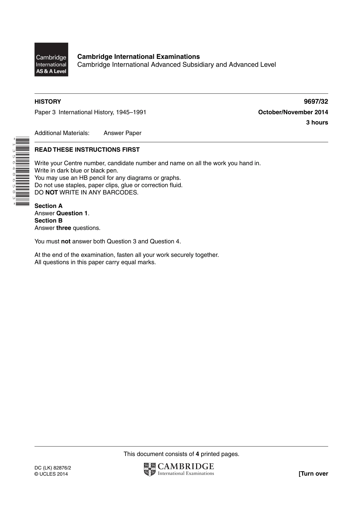 Cambridge A Level History (pre-2015) 9697 2014 Oct/Nov Paper 3 · Variant 2 question paper, page 1 of 4
