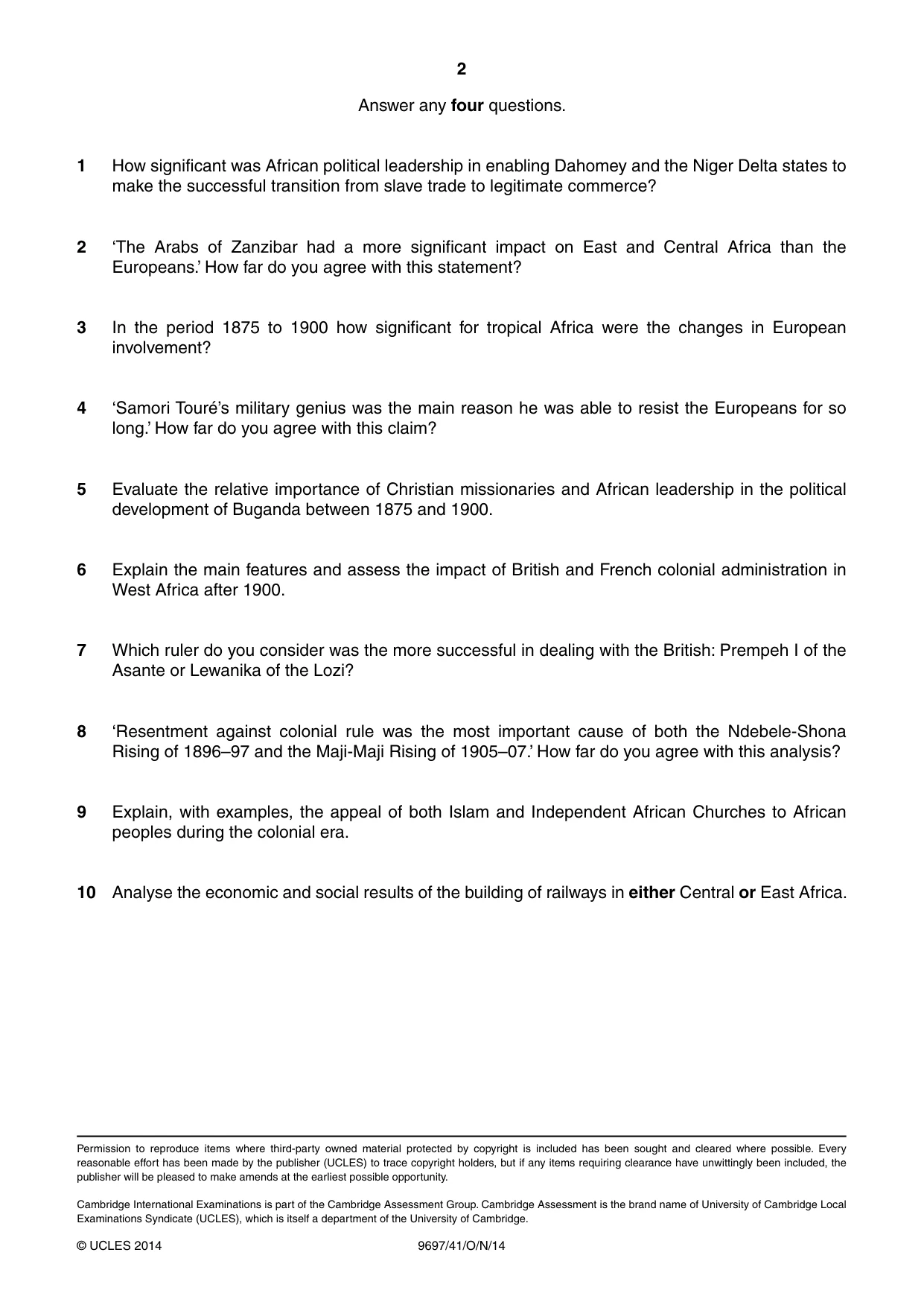 Cambridge A Level History (pre-2015) 9697 2014 Oct/Nov Paper 4 · Variant 1 question paper, page 2 of 2