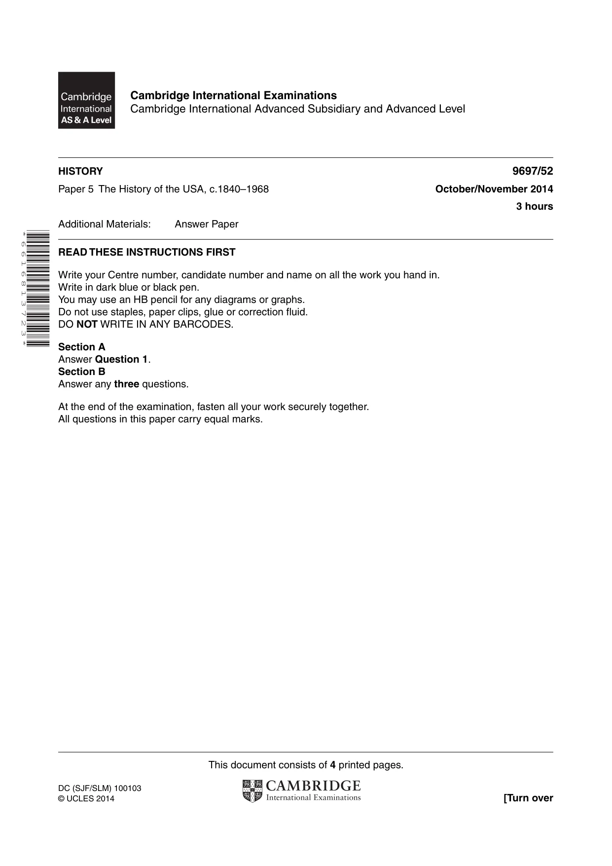 Cambridge A Level History (pre-2015) 9697 2014 Oct/Nov Paper 5 · Variant 2 question paper, page 1 of 4