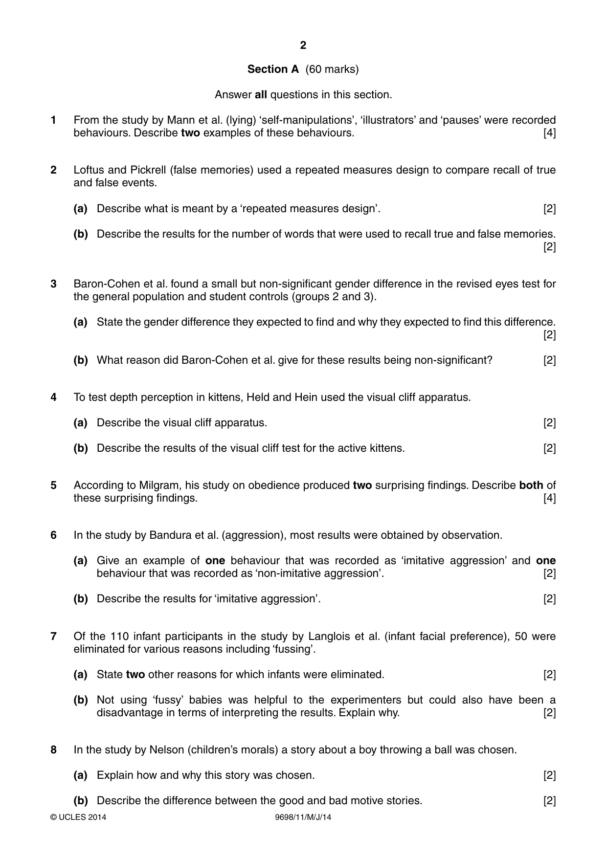 Cambridge A Level Psychology 9698 2014 May/June Paper 1 · Variant 1 question paper, page 2 of 4