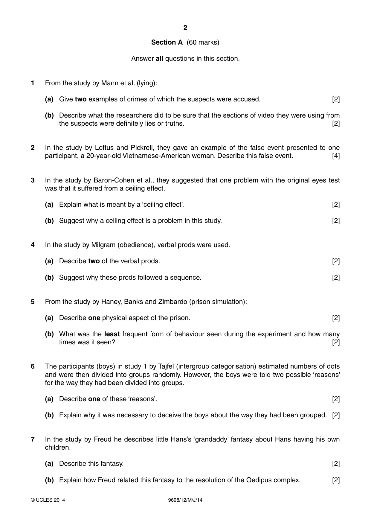 Cambridge A Level Psychology 9698 2014 May/June Paper 1 · Variant 2 question paper, page 2 of 4