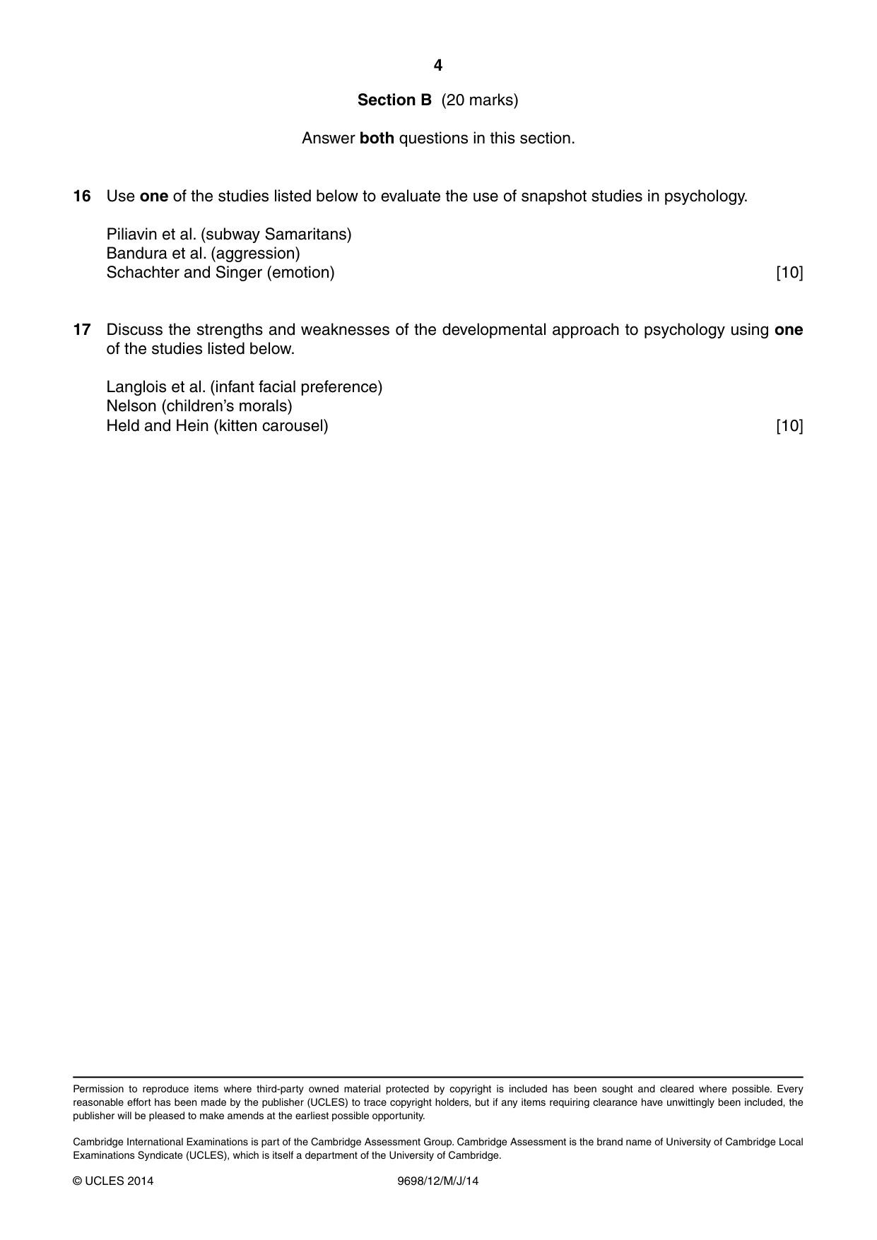 Cambridge A Level Psychology 9698 2014 May/June Paper 1 · Variant 2 question paper, page 4 of 4
