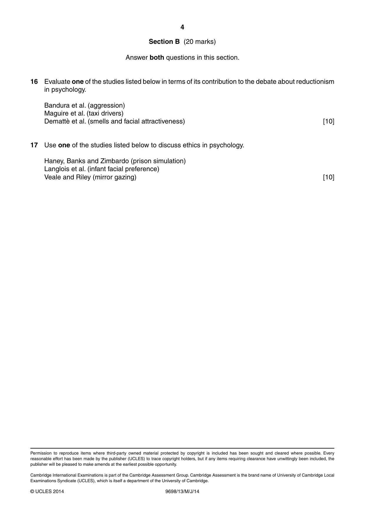 Cambridge A Level Psychology 9698 2014 May/June Paper 1 · Variant 3 question paper, page 4 of 4
