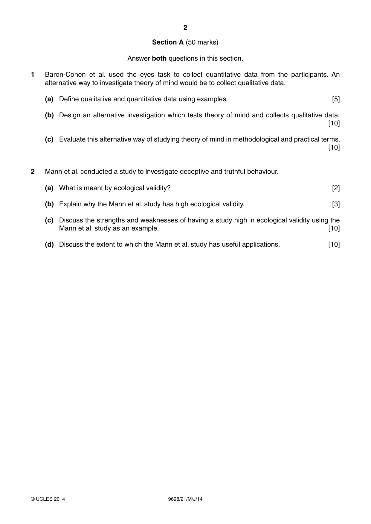 Cambridge A Level Psychology 9698 2014 May/June Paper 2 · Variant 1 question paper, page 2 of 4