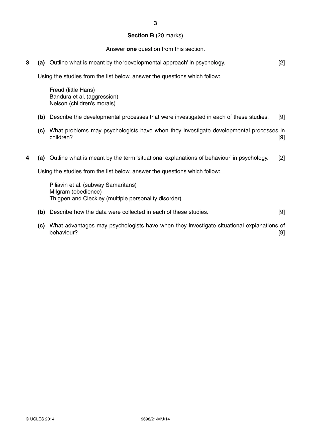 Cambridge A Level Psychology 9698 2014 May/June Paper 2 · Variant 1 question paper, page 3 of 4