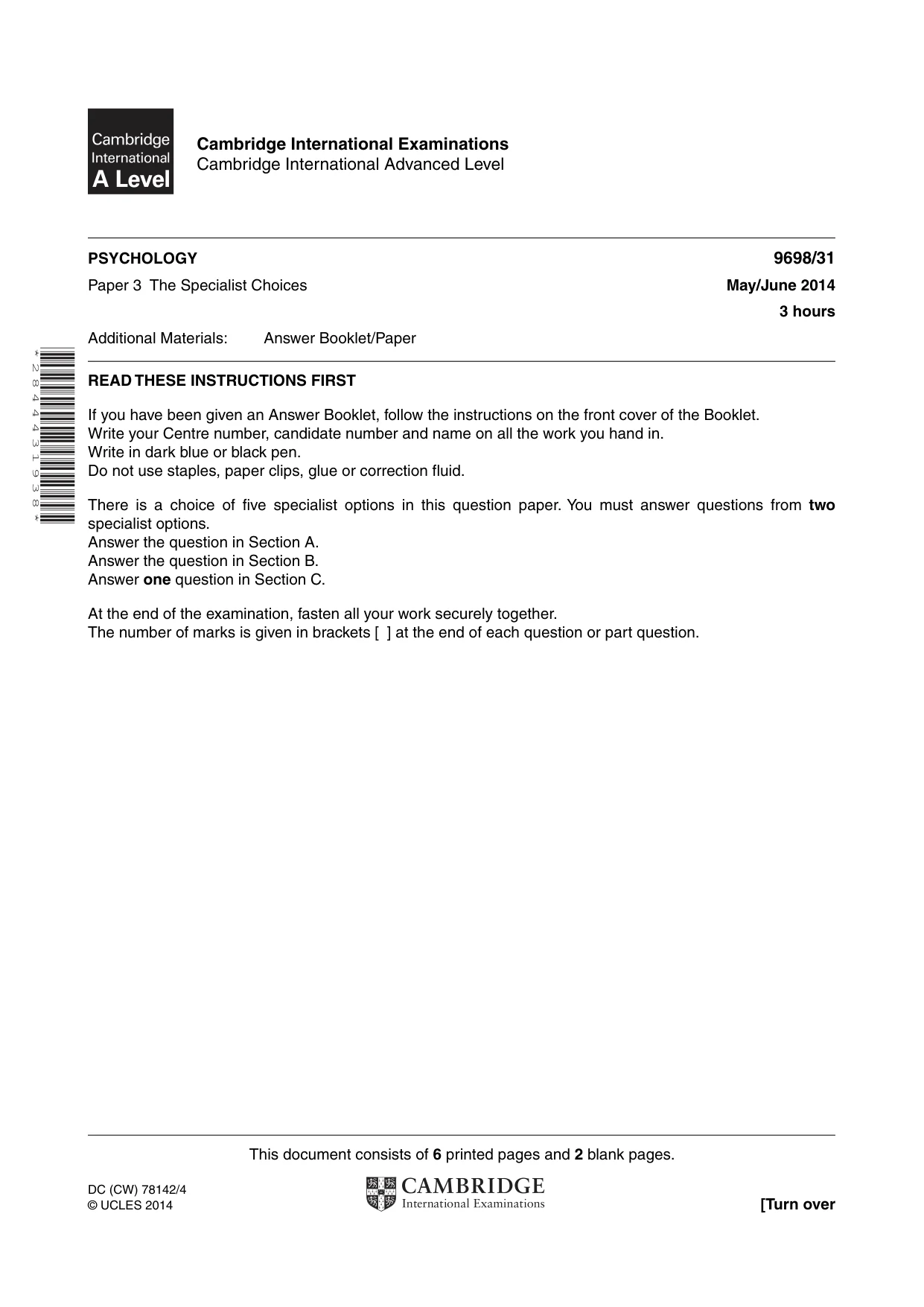 Cambridge A Level Psychology 9698 2014 May/June Paper 3 · Variant 1 question paper, page 1 of 8