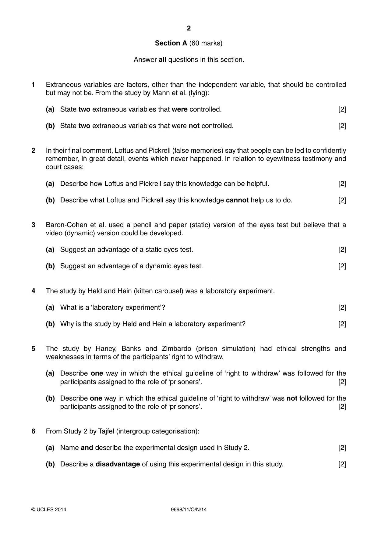 Cambridge A Level Psychology 9698 2014 Oct/Nov Paper 1 · Variant 1 question paper, page 2 of 4