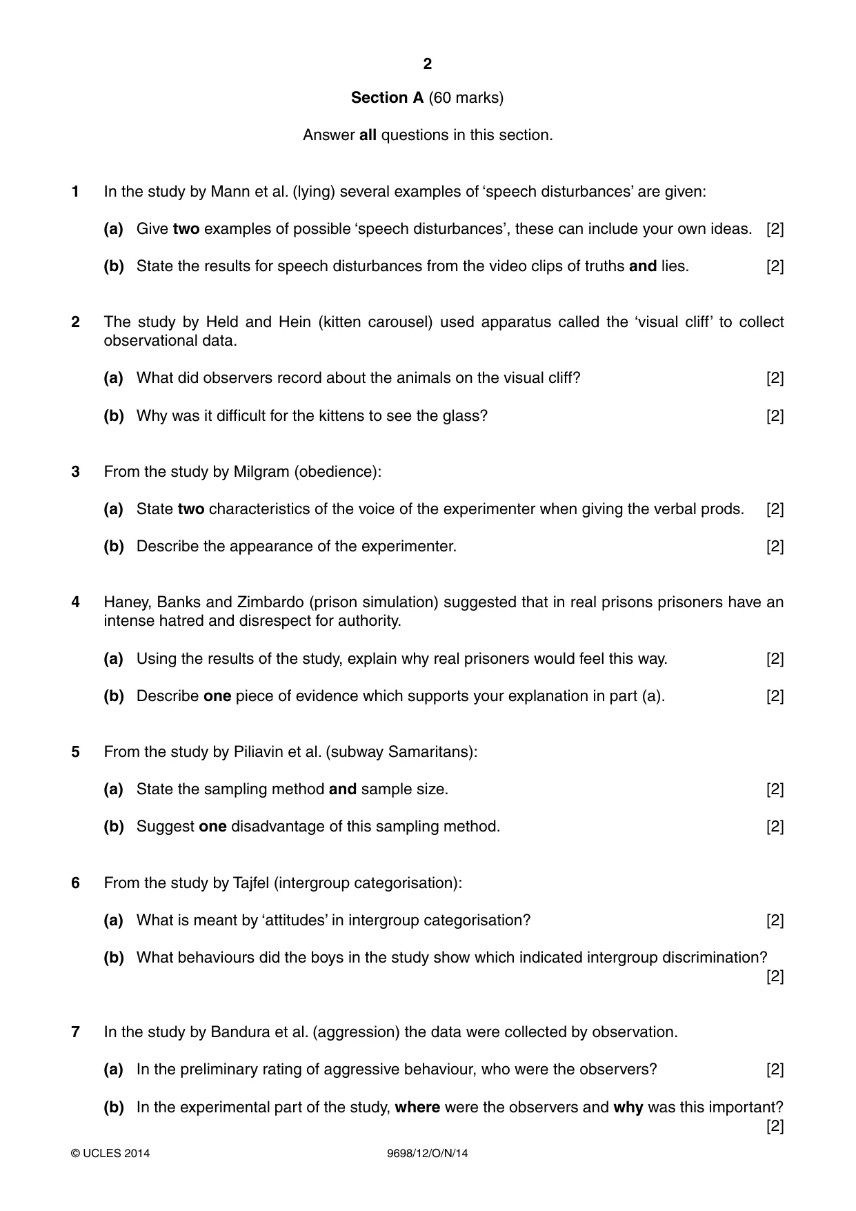 Cambridge A Level Psychology 9698 2014 Oct/Nov Paper 1 · Variant 2 question paper, page 2 of 4