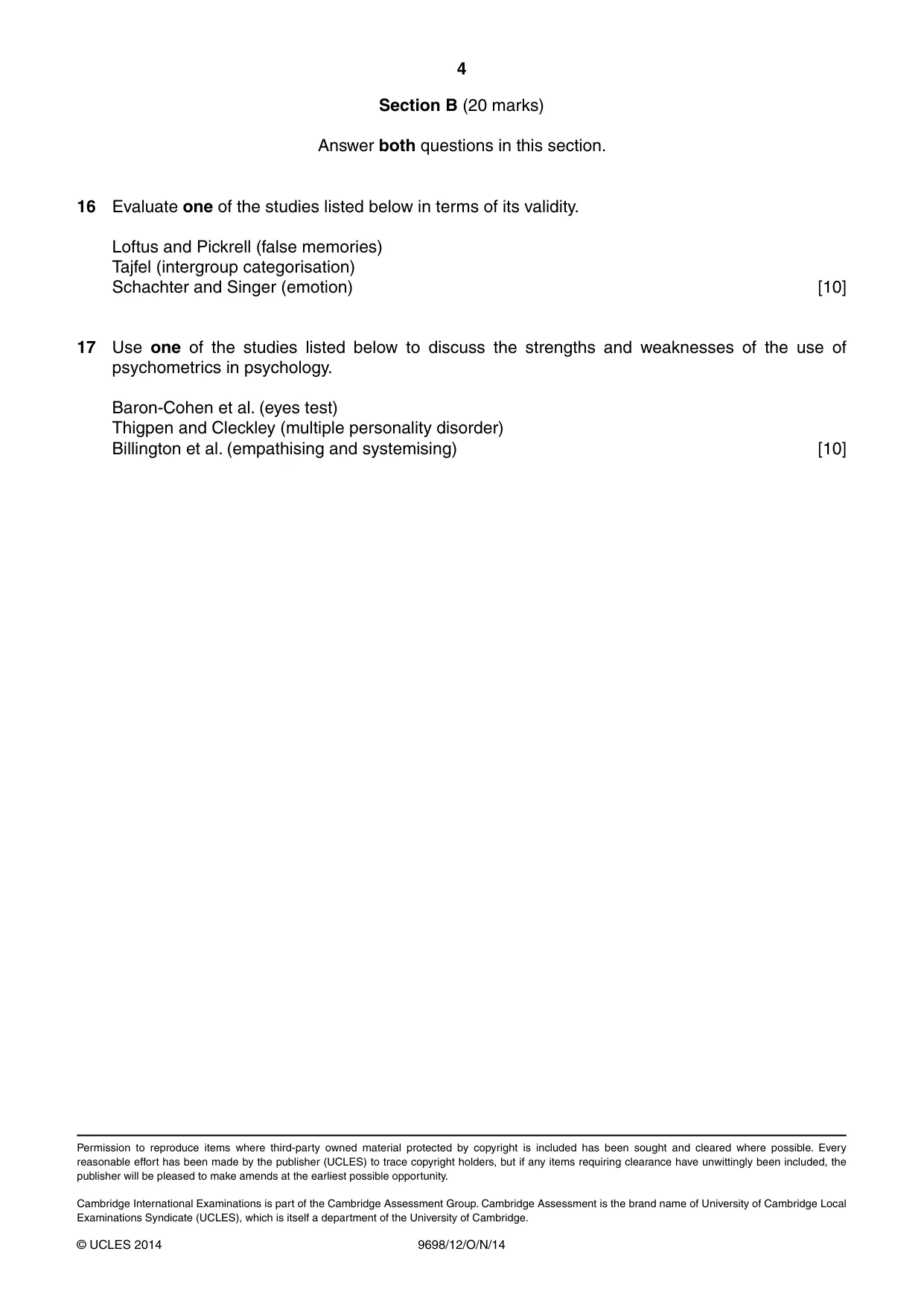 Cambridge A Level Psychology 9698 2014 Oct/Nov Paper 1 · Variant 2 question paper, page 4 of 4