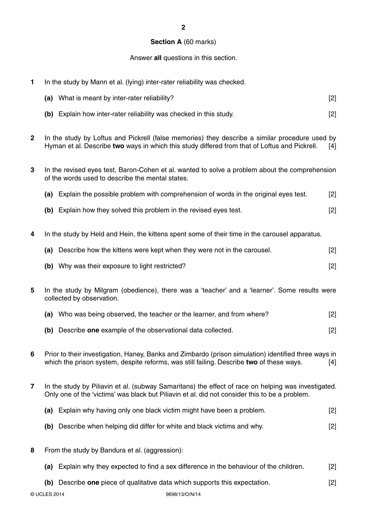 Cambridge A Level Psychology 9698 2014 Oct/Nov Paper 1 · Variant 3 question paper, page 2 of 4