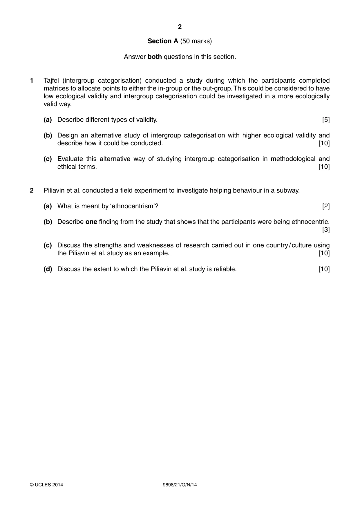 Cambridge A Level Psychology 9698 2014 Oct/Nov Paper 2 · Variant 1 question paper, page 2 of 4