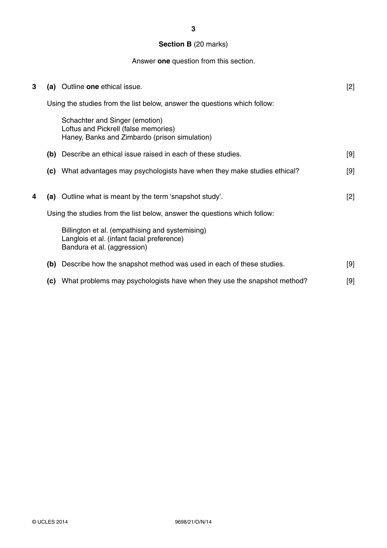 Cambridge A Level Psychology 9698 2014 Oct/Nov Paper 2 · Variant 1 question paper, page 3 of 4