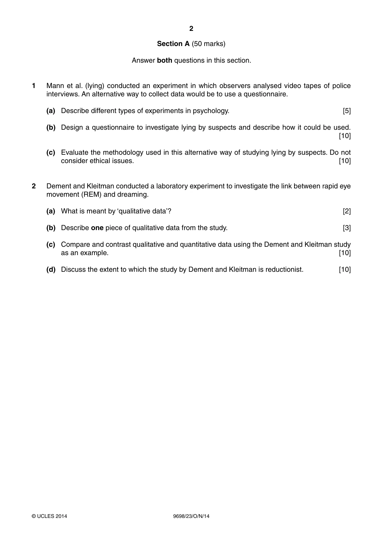 Cambridge A Level Psychology 9698 2014 Oct/Nov Paper 2 · Variant 3 question paper, page 2 of 4