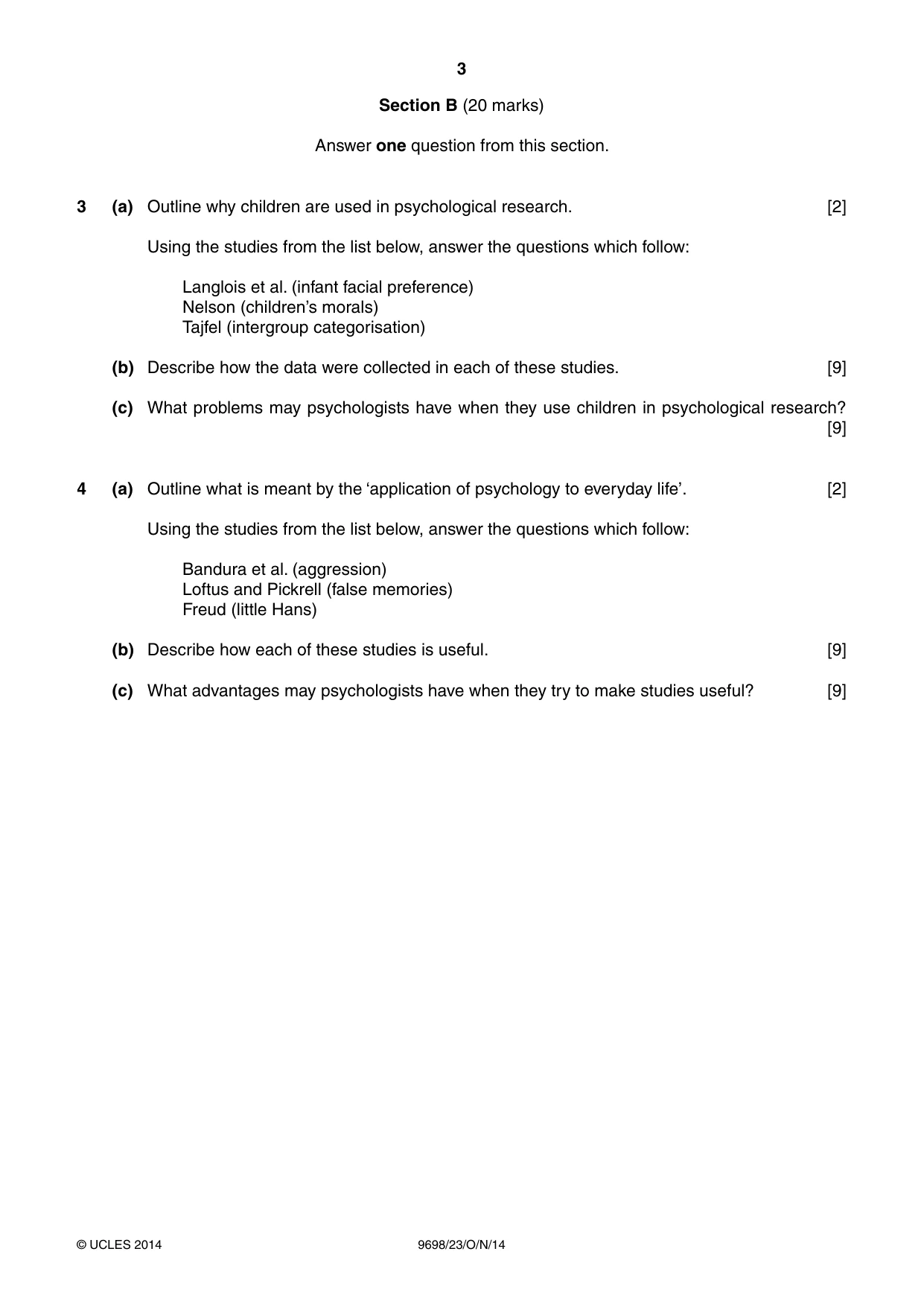 Cambridge A Level Psychology 9698 2014 Oct/Nov Paper 2 · Variant 3 question paper, page 3 of 4