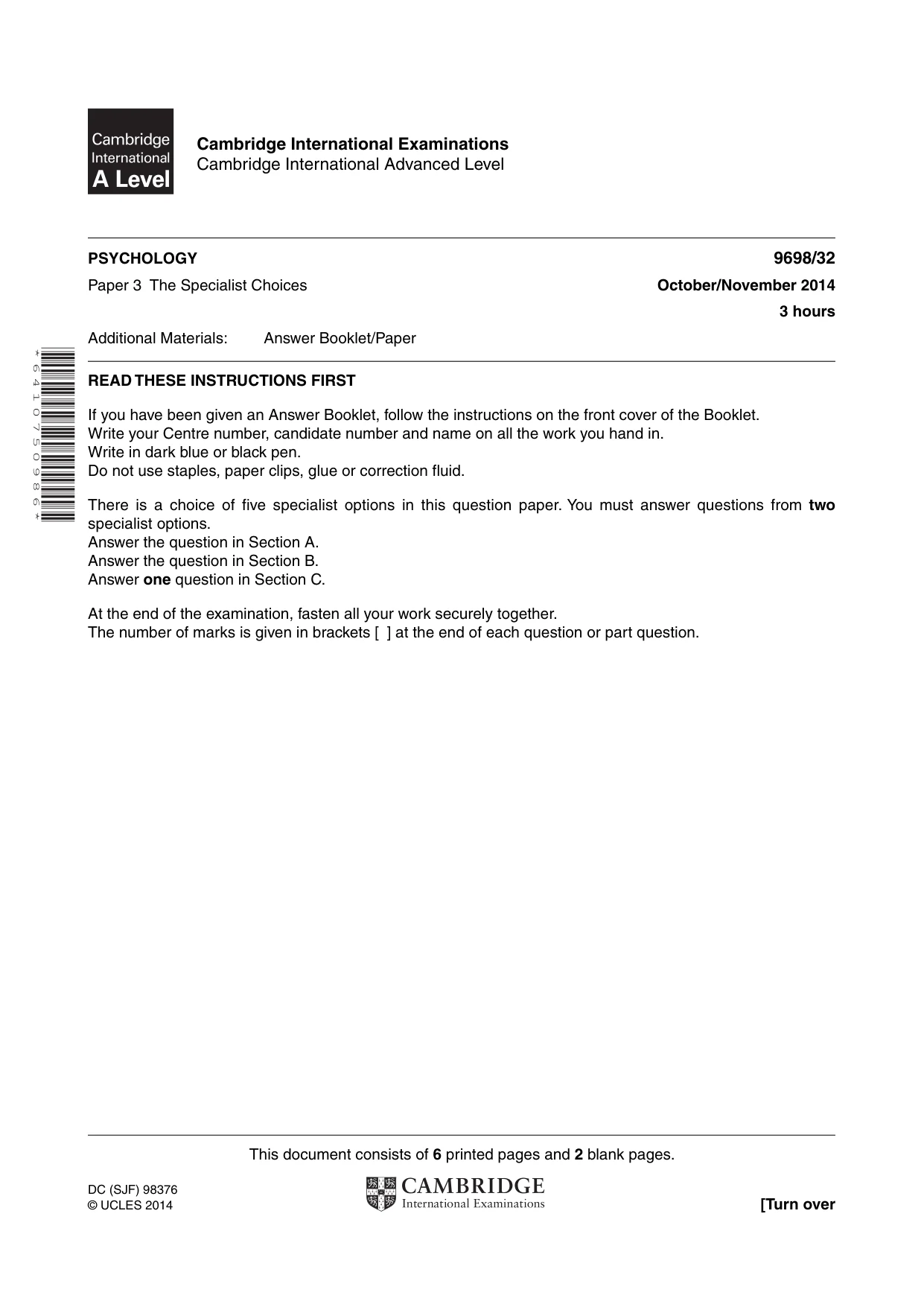 Cambridge A Level Psychology 9698 2014 Oct/Nov Paper 3 · Variant 2 question paper, page 1 of 8