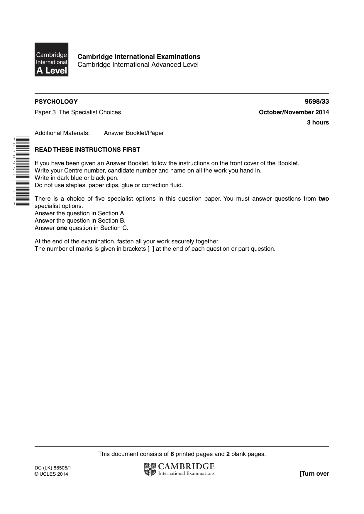 Cambridge A Level Psychology 9698 2014 Oct/Nov Paper 3 · Variant 3 question paper, page 1 of 8