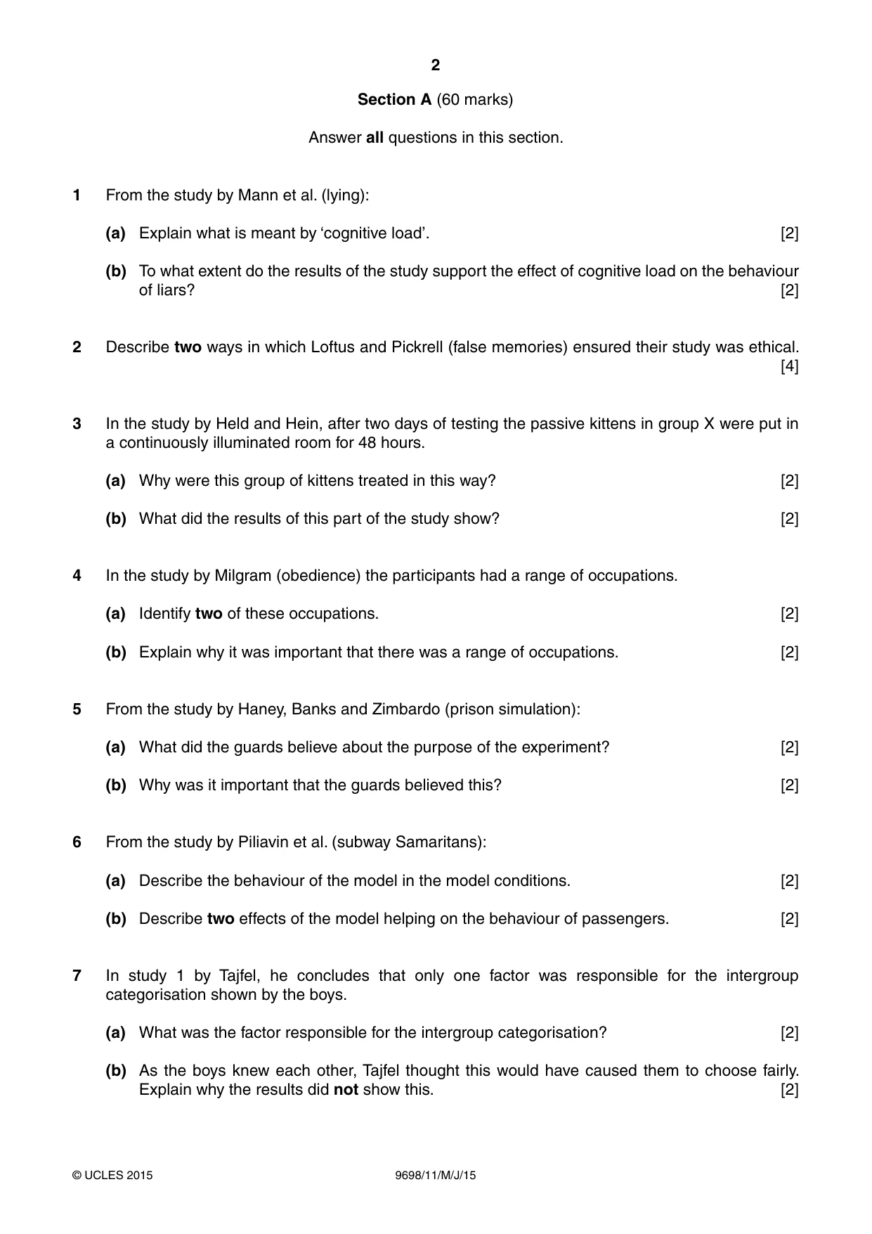 Cambridge A Level Psychology 9698 2015 May/June Paper 1 · Variant 1 question paper, page 2 of 4