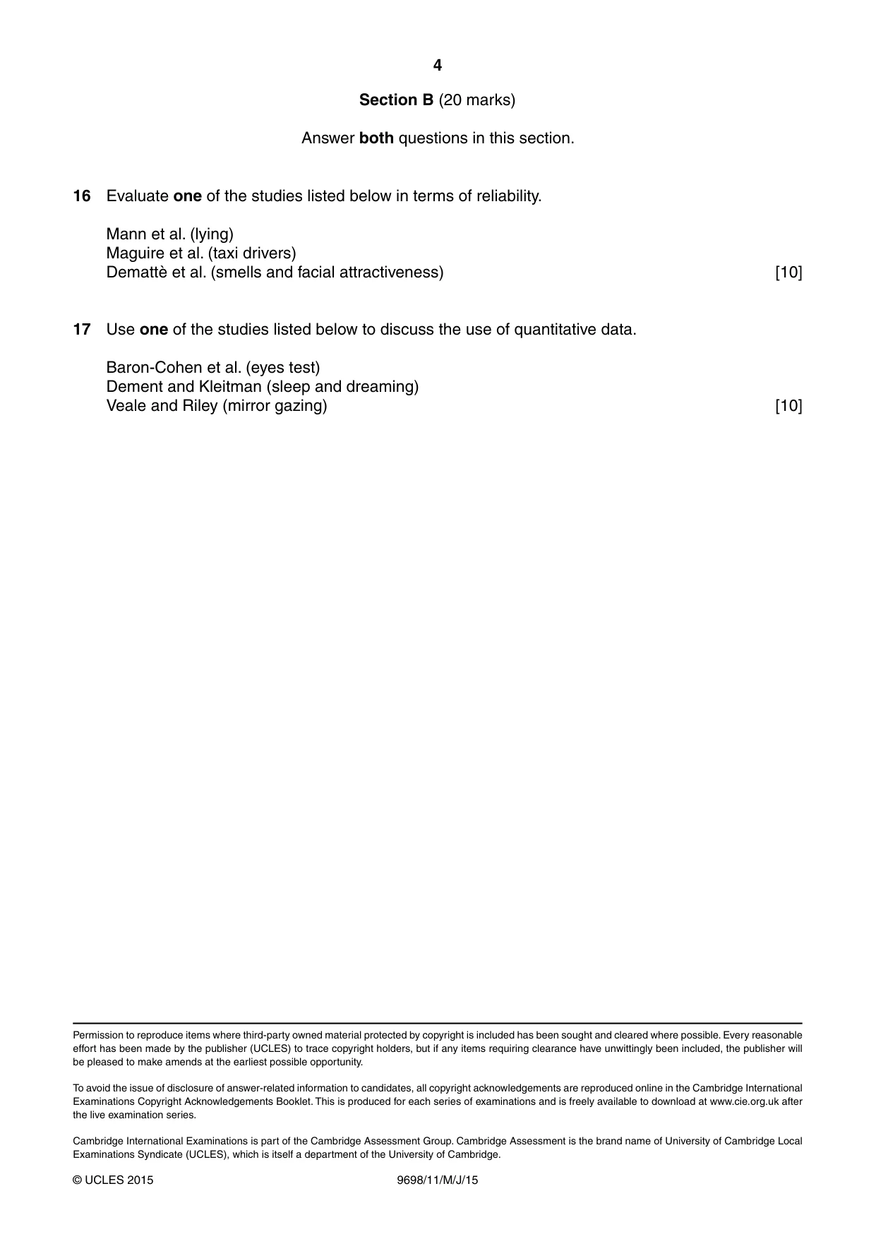 Cambridge A Level Psychology 9698 2015 May/June Paper 1 · Variant 1 question paper, page 4 of 4