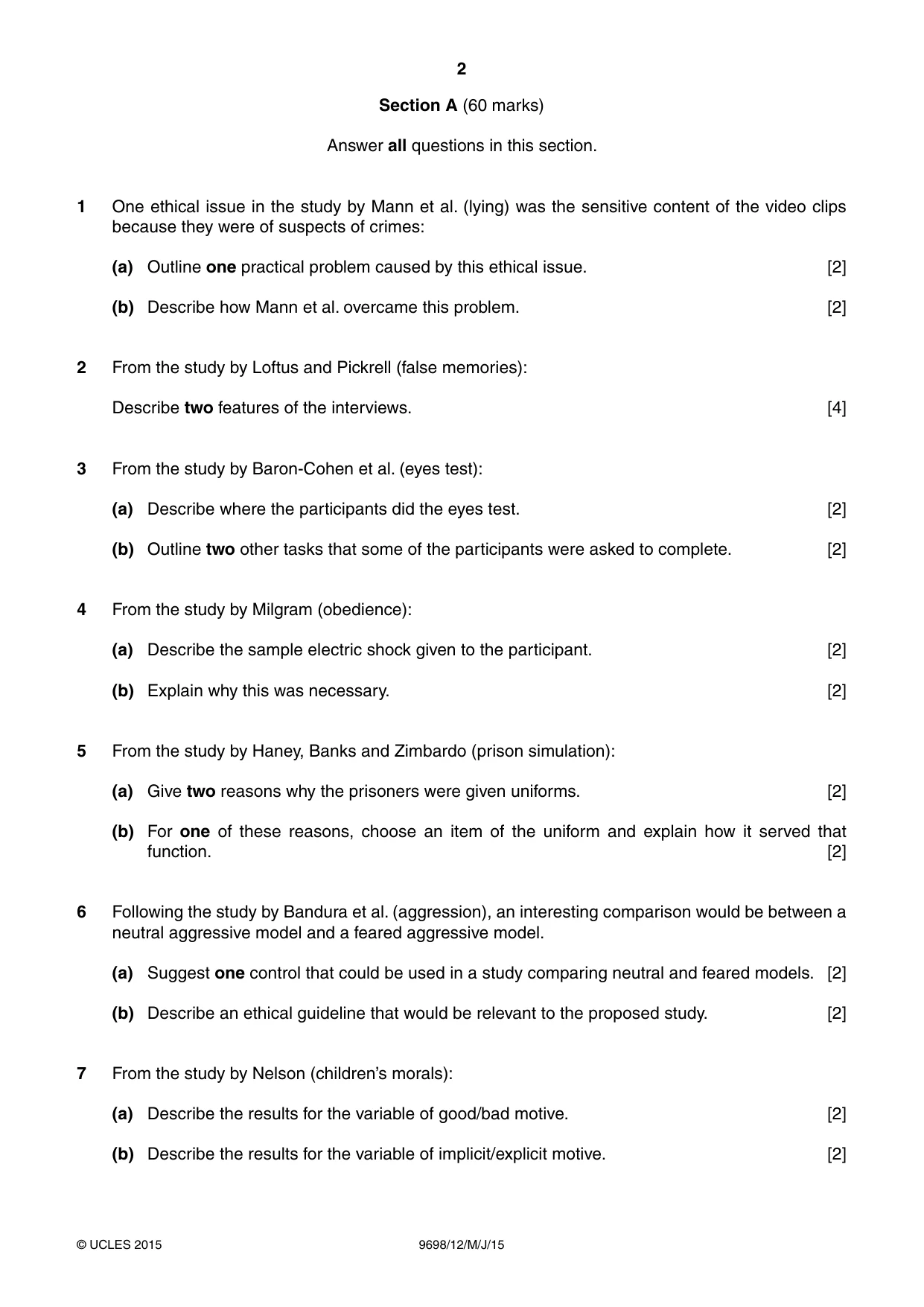 Cambridge A Level Psychology 9698 2015 May/June Paper 1 · Variant 2 question paper, page 2 of 4