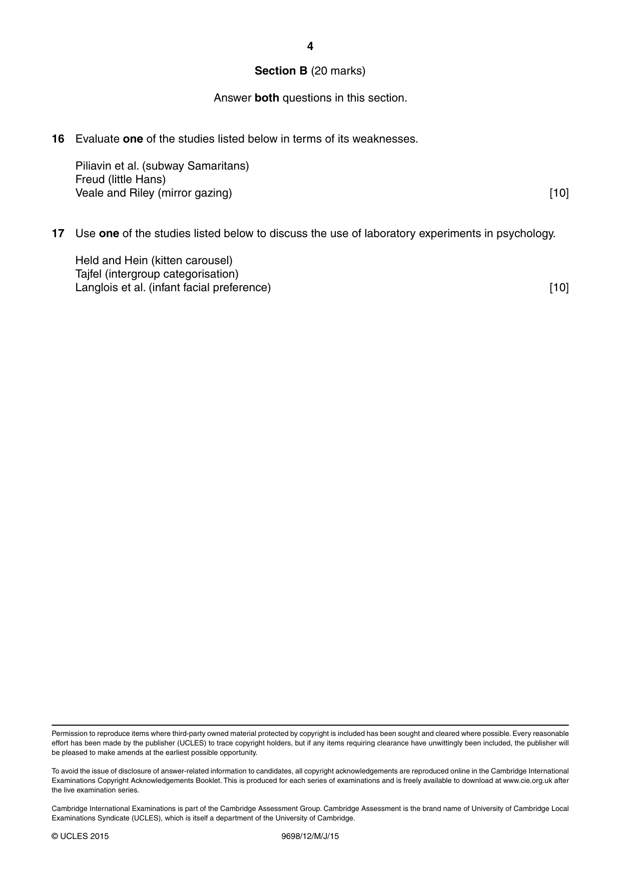 Cambridge A Level Psychology 9698 2015 May/June Paper 1 · Variant 2 question paper, page 4 of 4