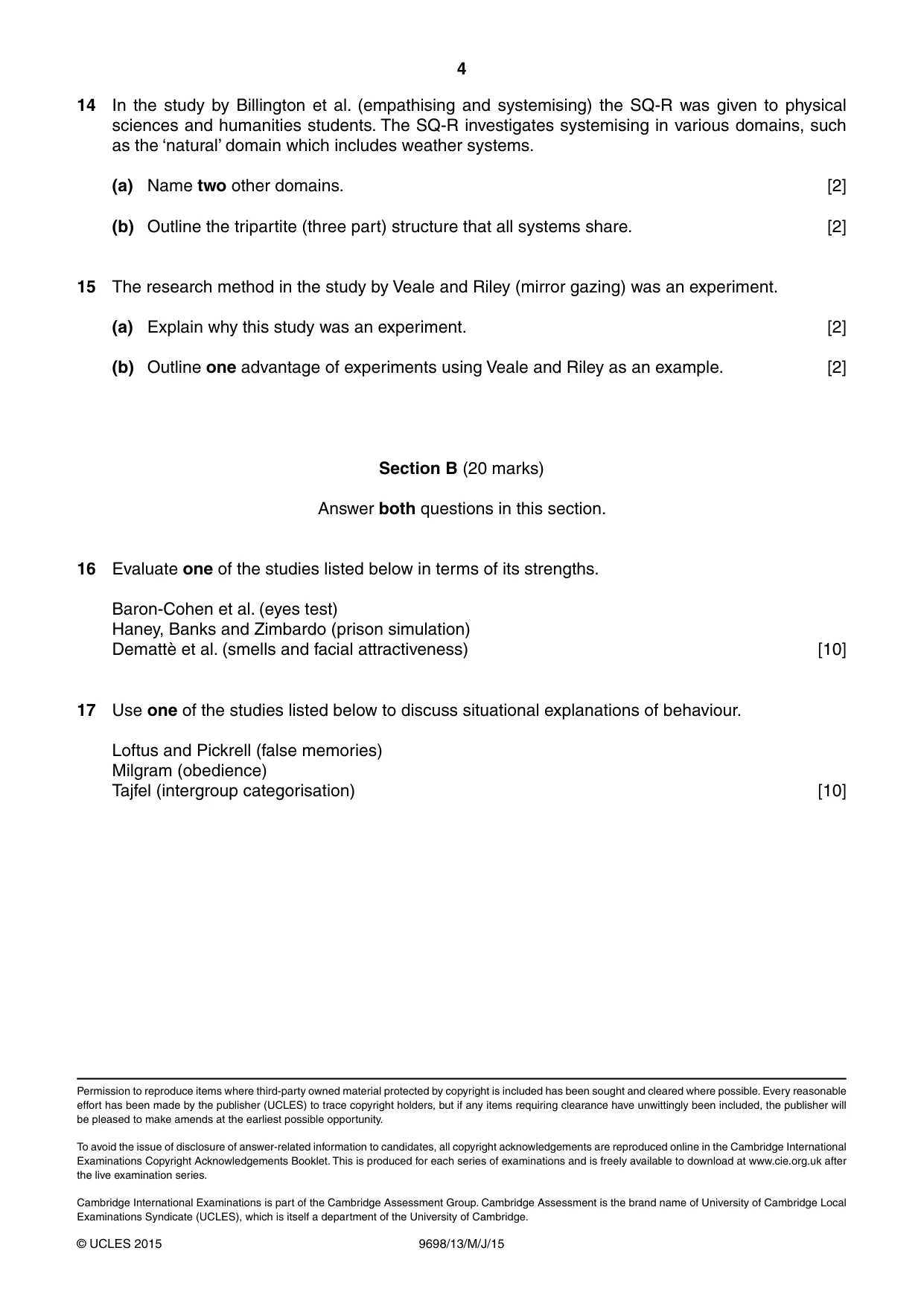 Cambridge A Level Psychology 9698 2015 May/June Paper 1 · Variant 3 question paper, page 4 of 4