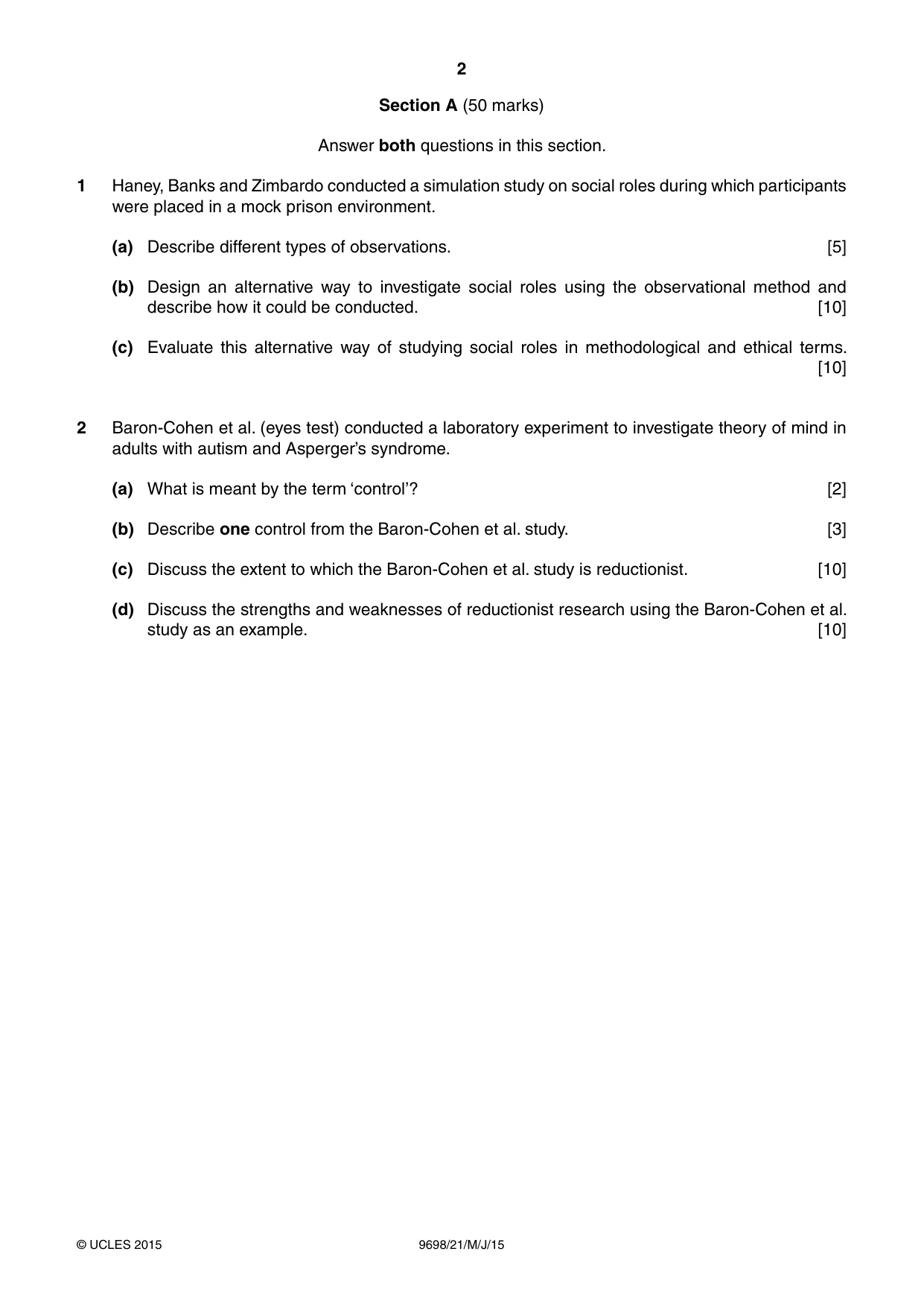 Cambridge A Level Psychology 9698 2015 May/June Paper 2 · Variant 1 question paper, page 2 of 4