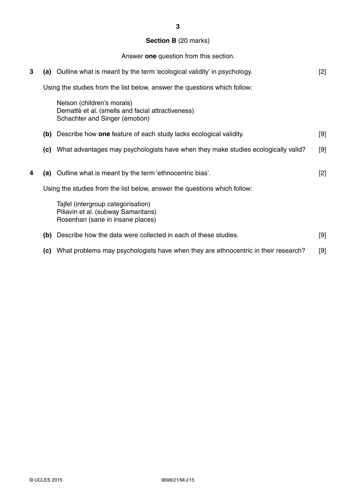 Cambridge A Level Psychology 9698 2015 May/June Paper 2 · Variant 1 question paper, page 3 of 4