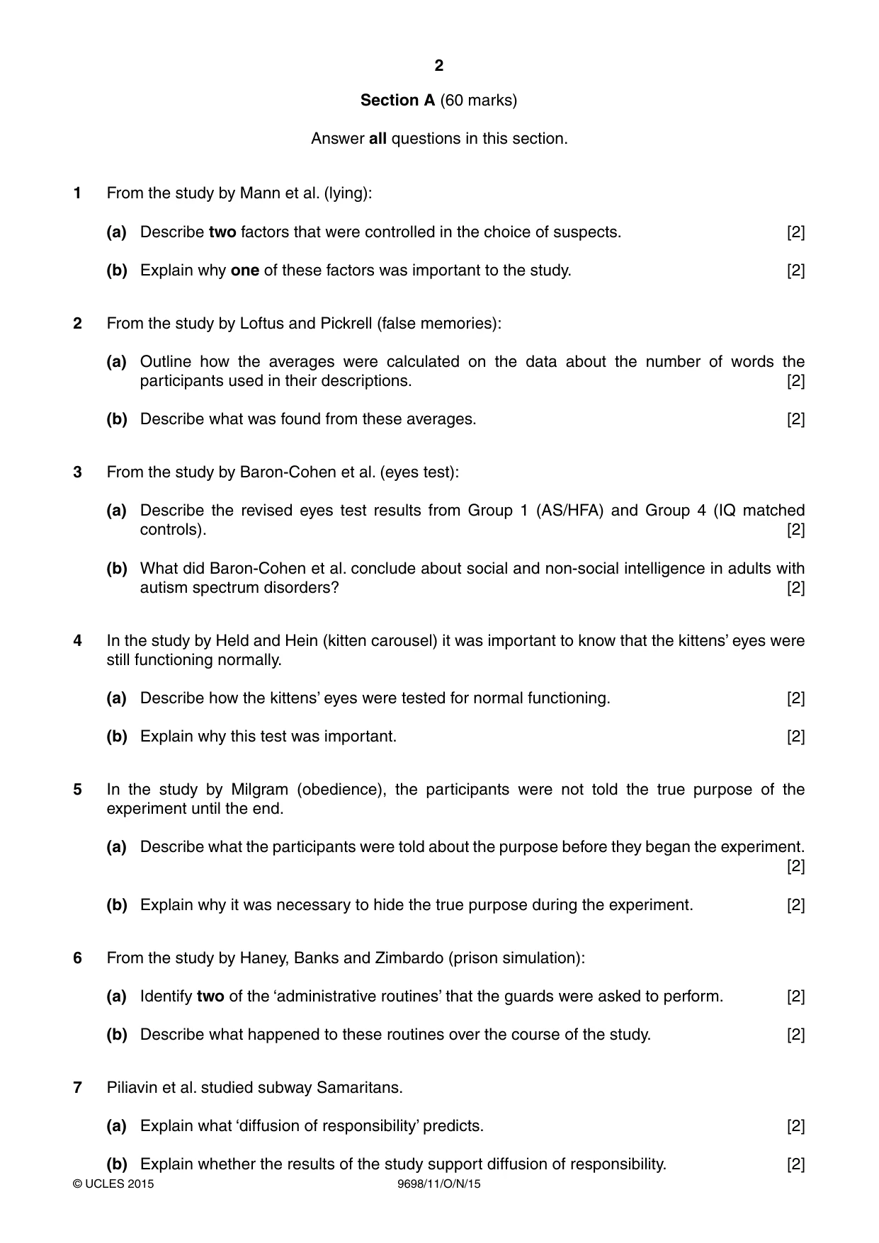 Cambridge A Level Psychology 9698 2015 Oct/Nov Paper 1 · Variant 1 question paper, page 2 of 4