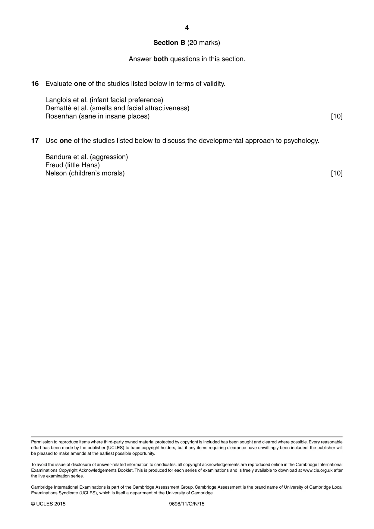 Cambridge A Level Psychology 9698 2015 Oct/Nov Paper 1 · Variant 1 question paper, page 4 of 4