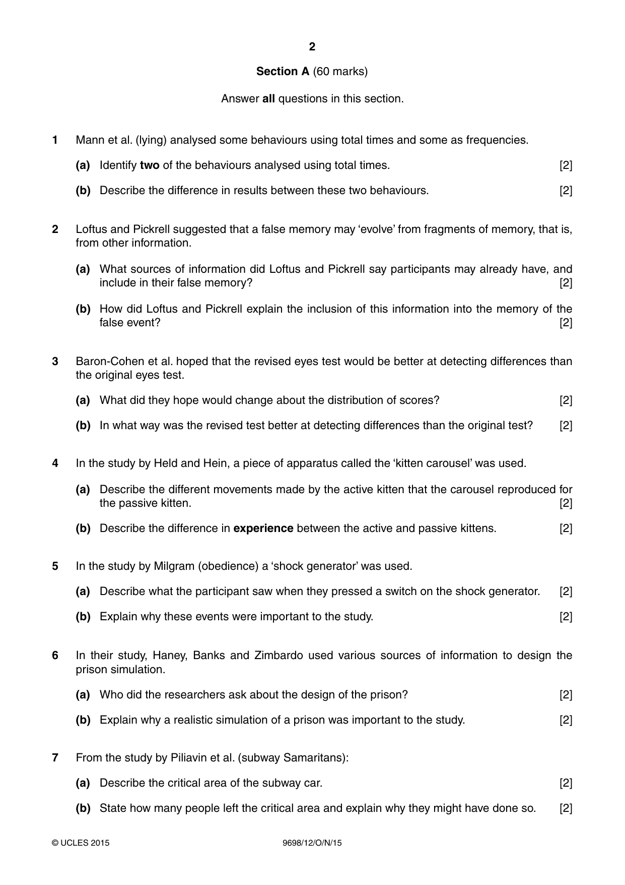 Cambridge A Level Psychology 9698 2015 Oct/Nov Paper 1 · Variant 2 question paper, page 2 of 4