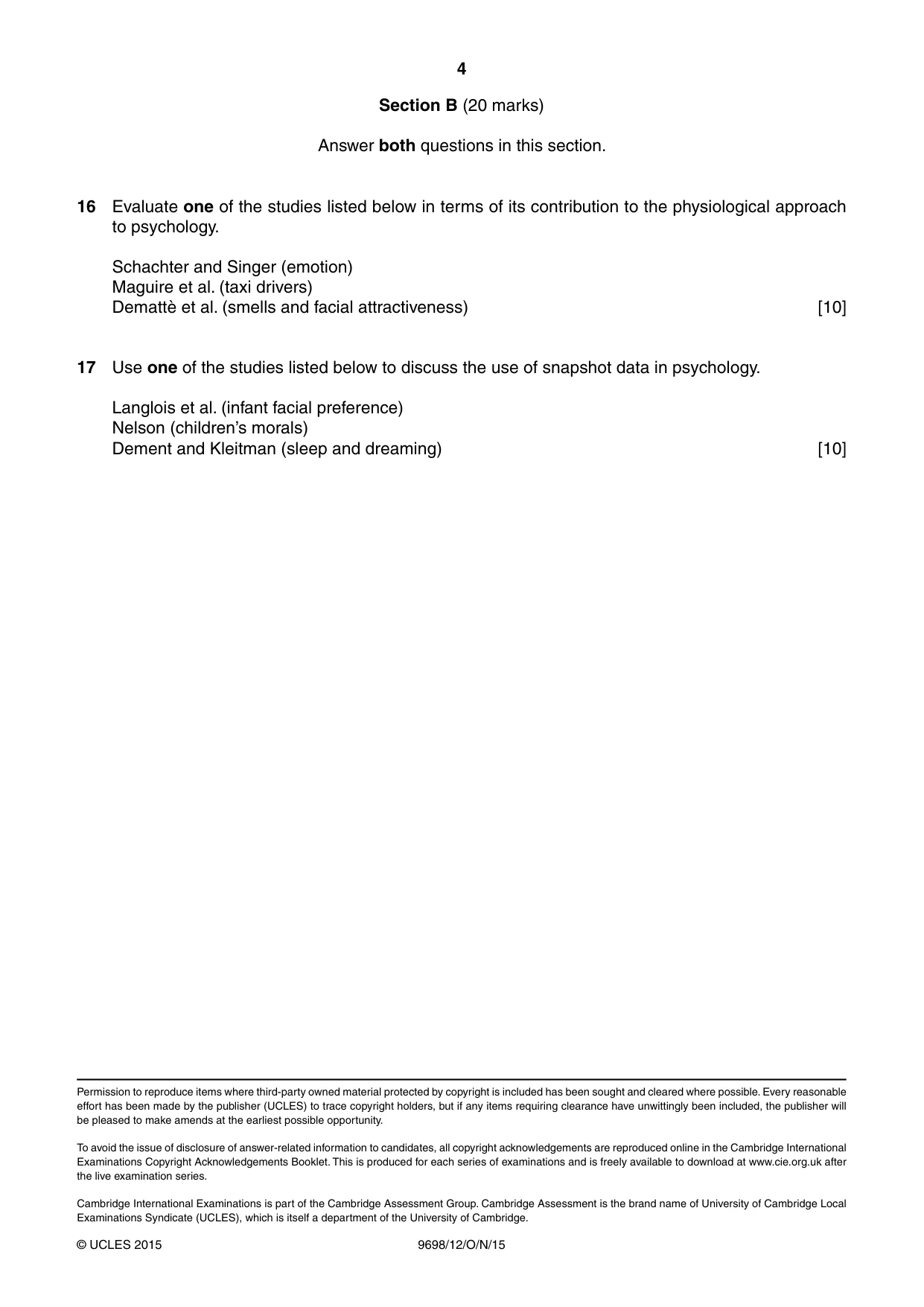 Cambridge A Level Psychology 9698 2015 Oct/Nov Paper 1 · Variant 2 question paper, page 4 of 4