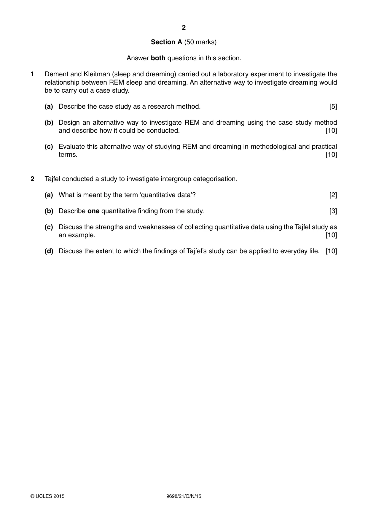 Cambridge A Level Psychology 9698 2015 Oct/Nov Paper 2 · Variant 1 question paper, page 2 of 4