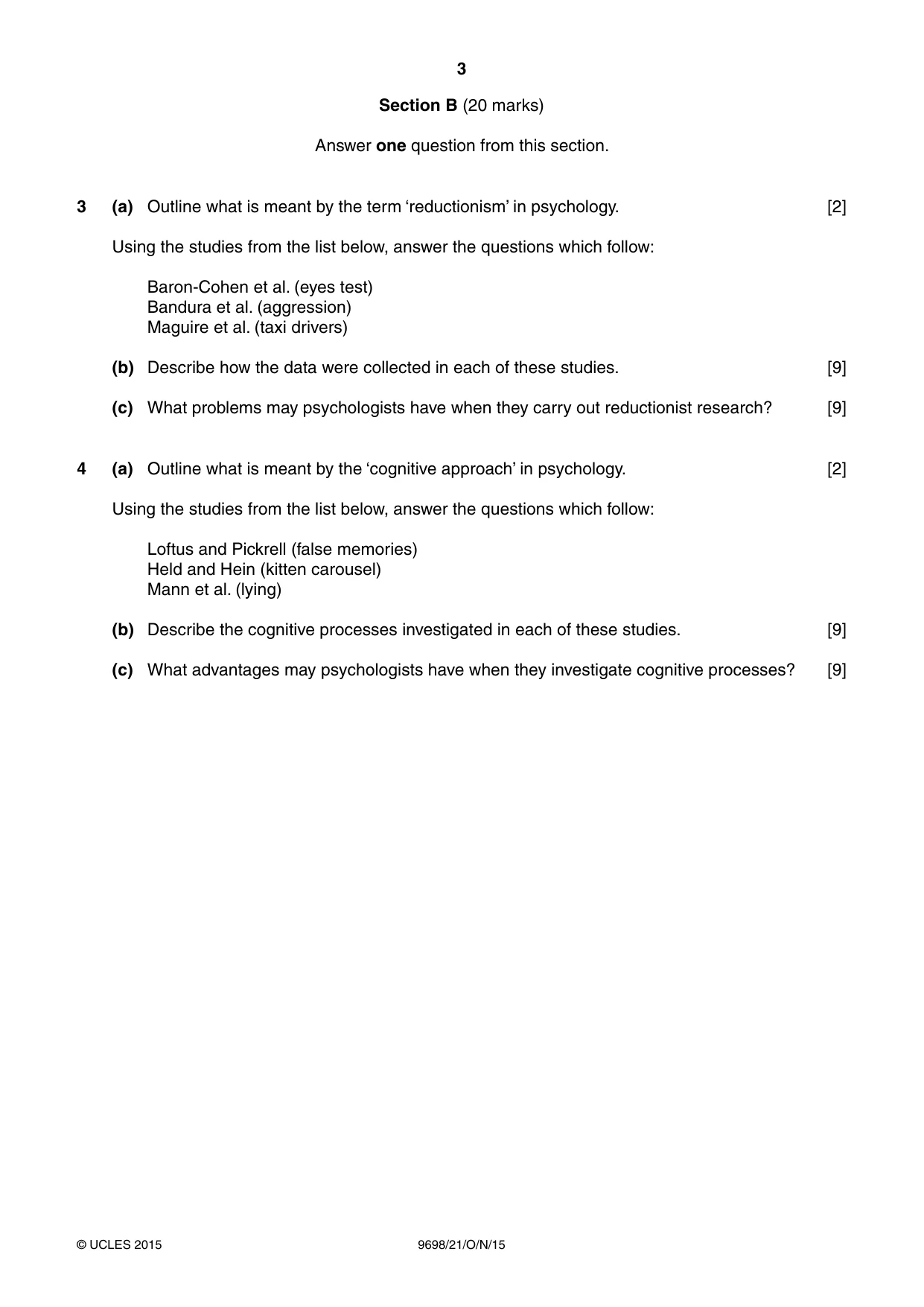 Cambridge A Level Psychology 9698 2015 Oct/Nov Paper 2 · Variant 1 question paper, page 3 of 4