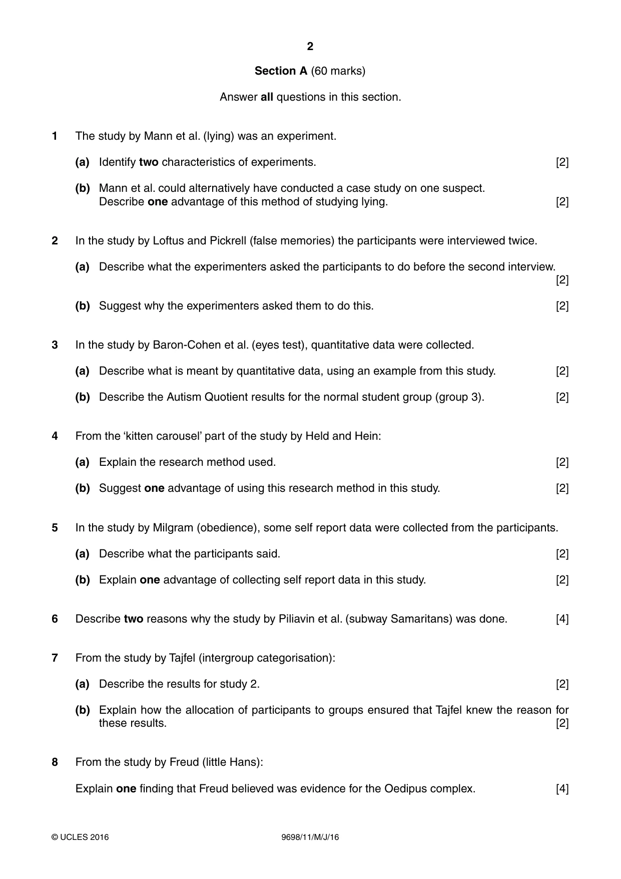Cambridge A Level Psychology 9698 2016 May/June Paper 1 · Variant 1 question paper, page 2 of 4