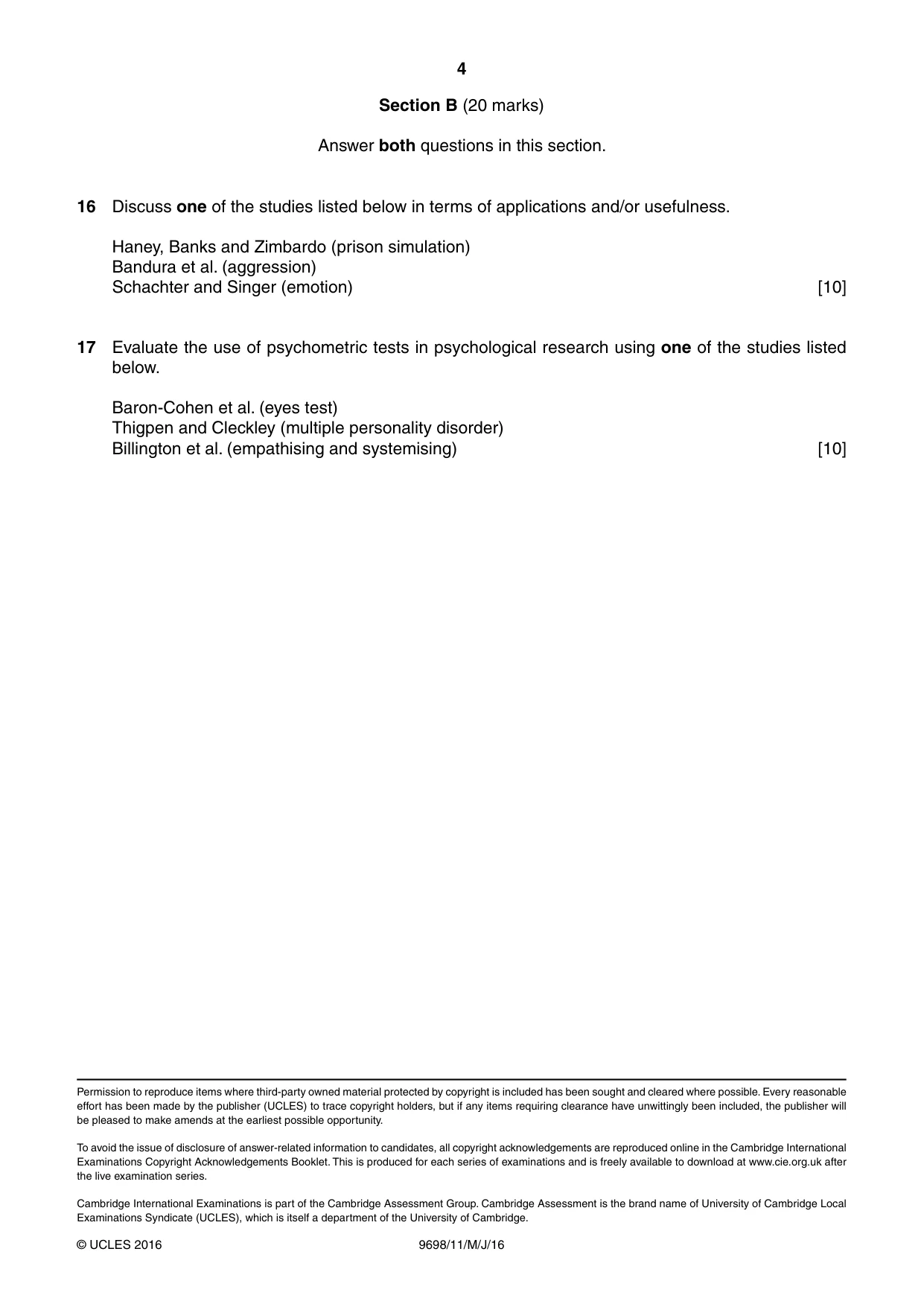 Cambridge A Level Psychology 9698 2016 May/June Paper 1 · Variant 1 question paper, page 4 of 4