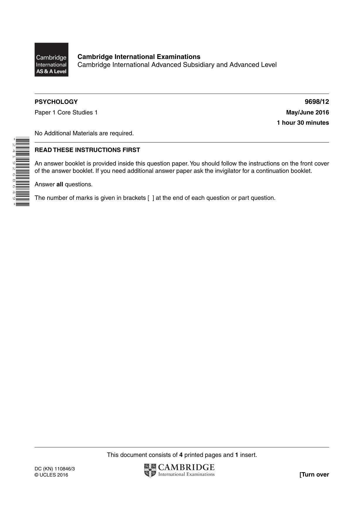 Cambridge A Level Psychology 9698 2016 May/June Paper 1 · Variant 2 question paper, page 1 of 4
