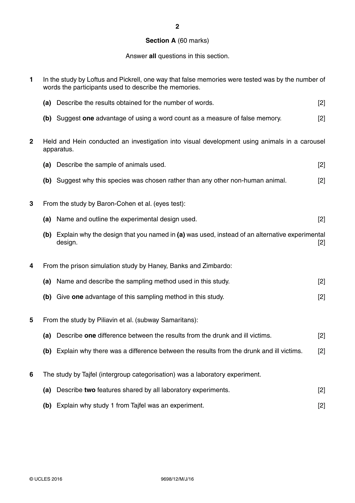 Cambridge A Level Psychology 9698 2016 May/June Paper 1 · Variant 2 question paper, page 2 of 4