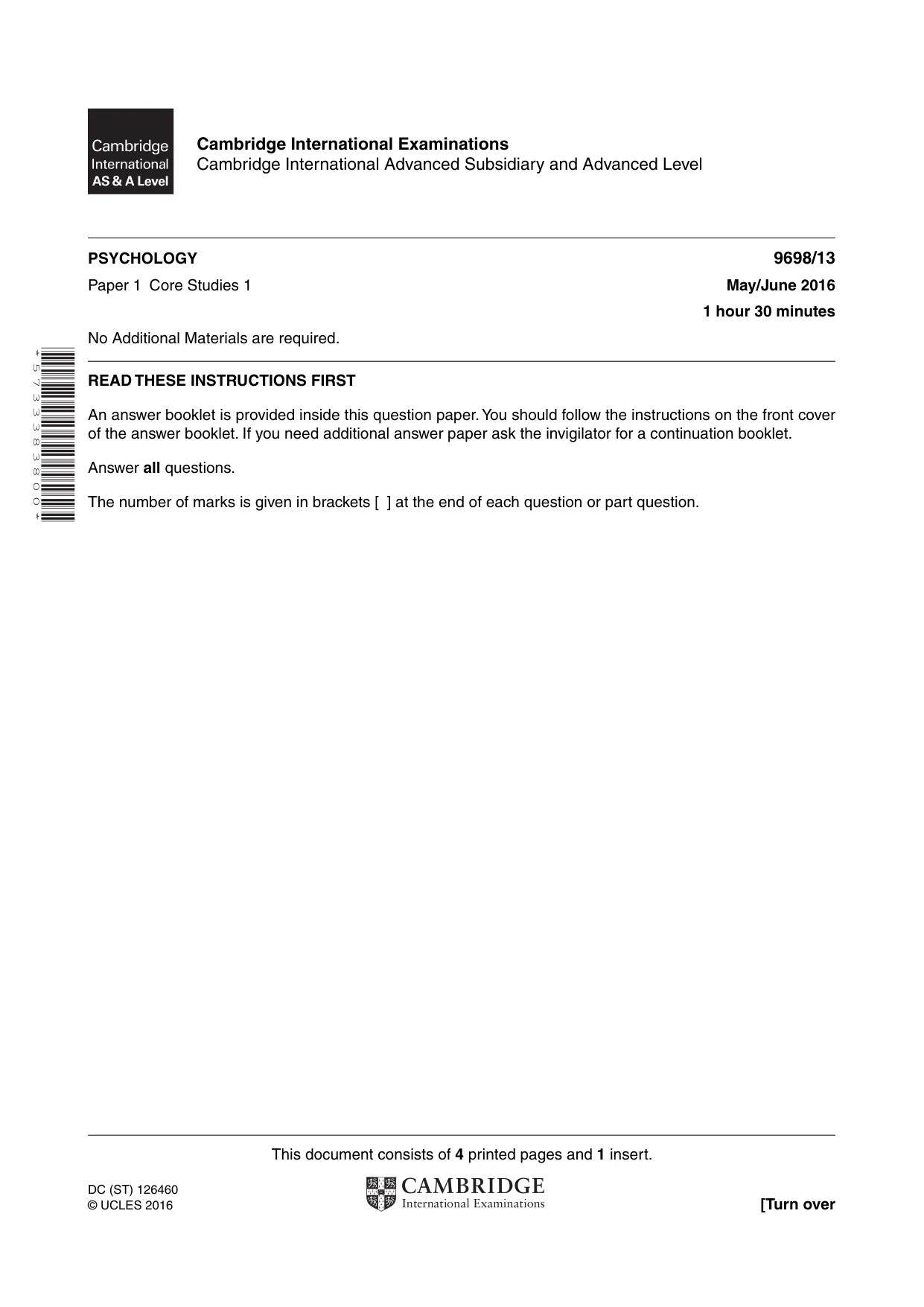 Cambridge A Level Psychology 9698 2016 May/June Paper 1 · Variant 3 question paper, page 1 of 4