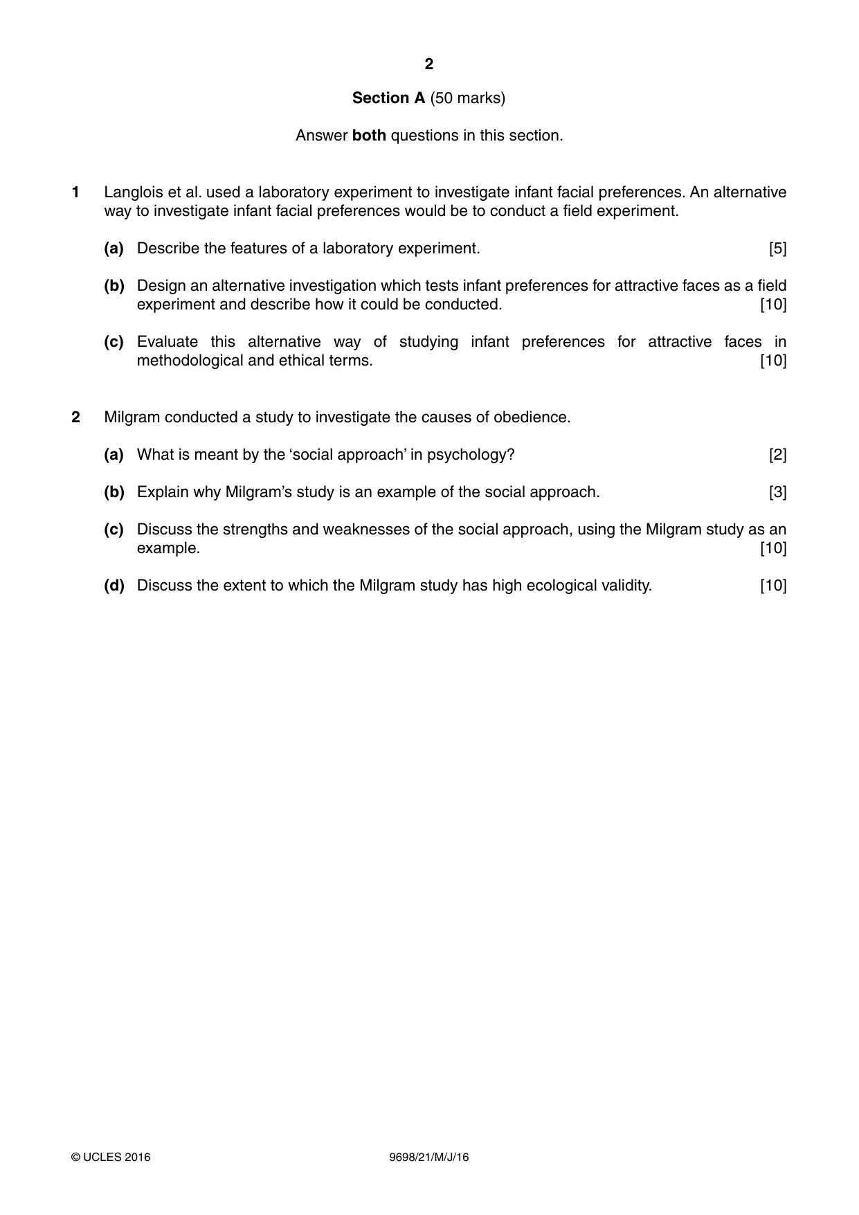 Cambridge A Level Psychology 9698 2016 May/June Paper 2 · Variant 1 question paper, page 2 of 4