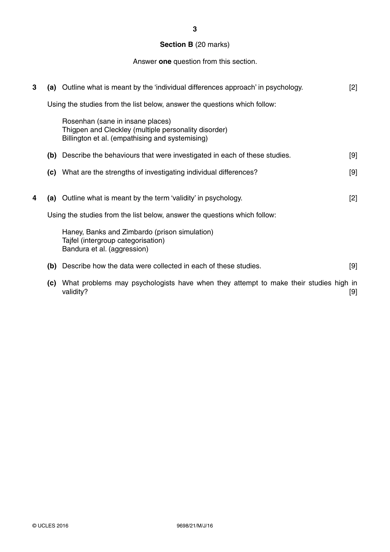 Cambridge A Level Psychology 9698 2016 May/June Paper 2 · Variant 1 question paper, page 3 of 4