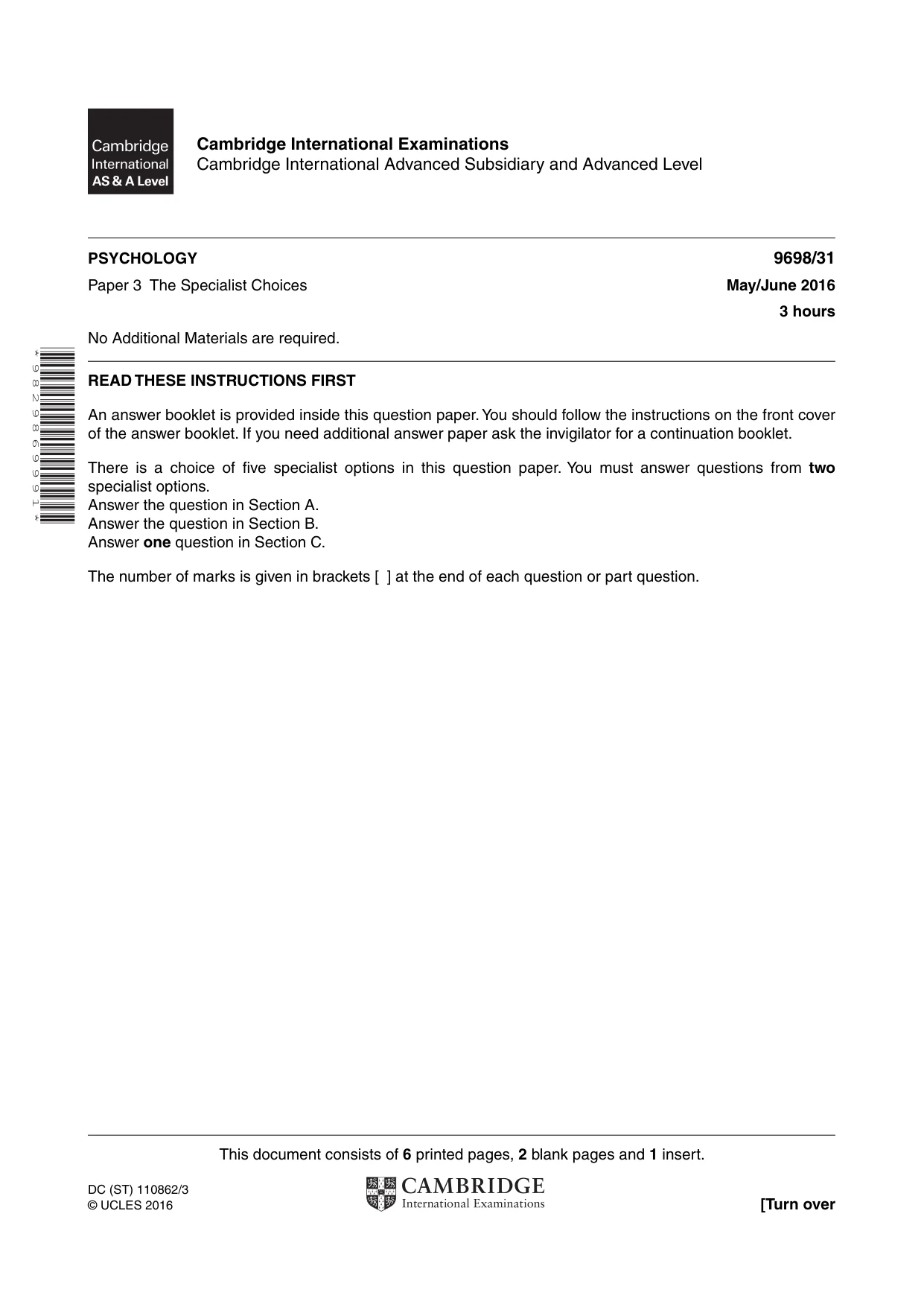 Cambridge A Level Psychology 9698 2016 May/June Paper 3 · Variant 1 question paper, page 1 of 8