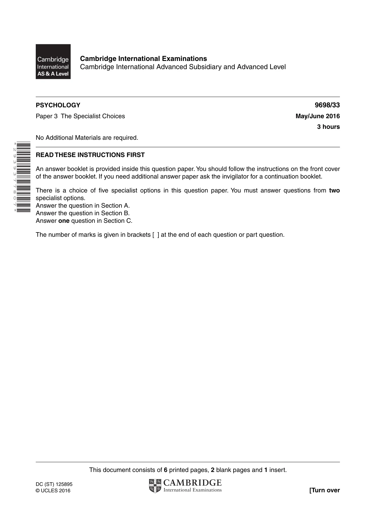 Cambridge A Level Psychology 9698 2016 May/June Paper 3 · Variant 3 question paper, page 1 of 8