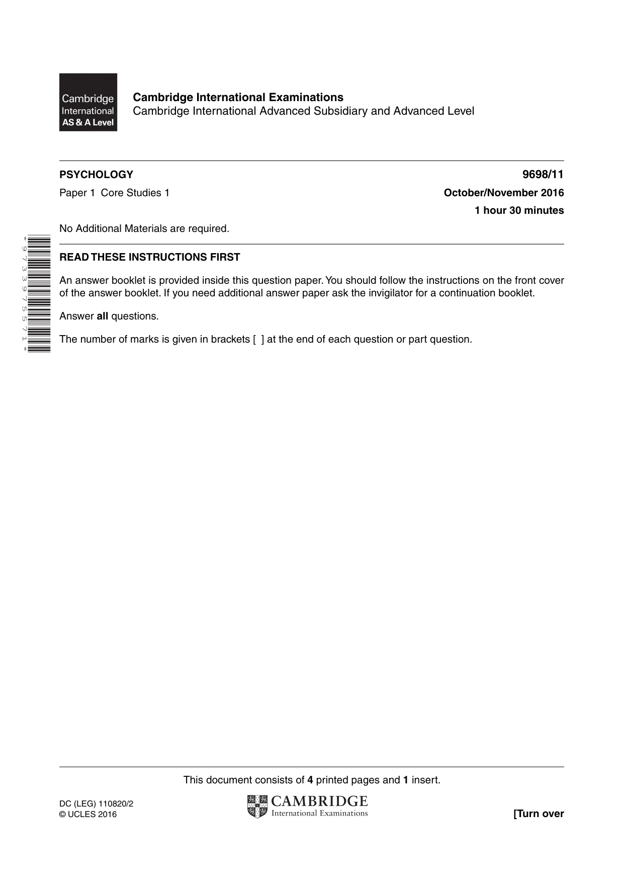 Cambridge A Level Psychology 9698 2016 Oct/Nov Paper 1 · Variant 1 question paper, page 1 of 4