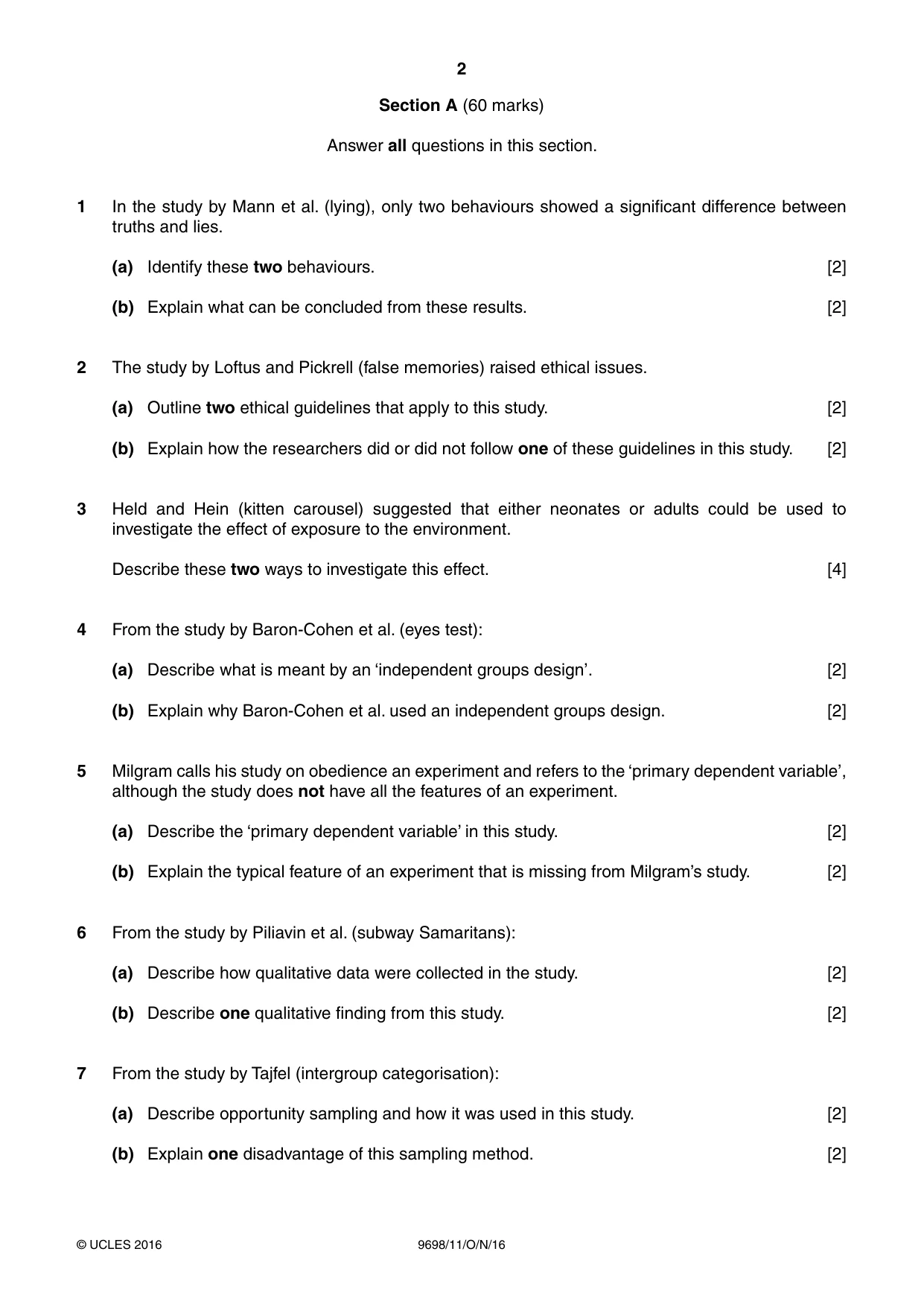 Cambridge A Level Psychology 9698 2016 Oct/Nov Paper 1 · Variant 1 question paper, page 2 of 4