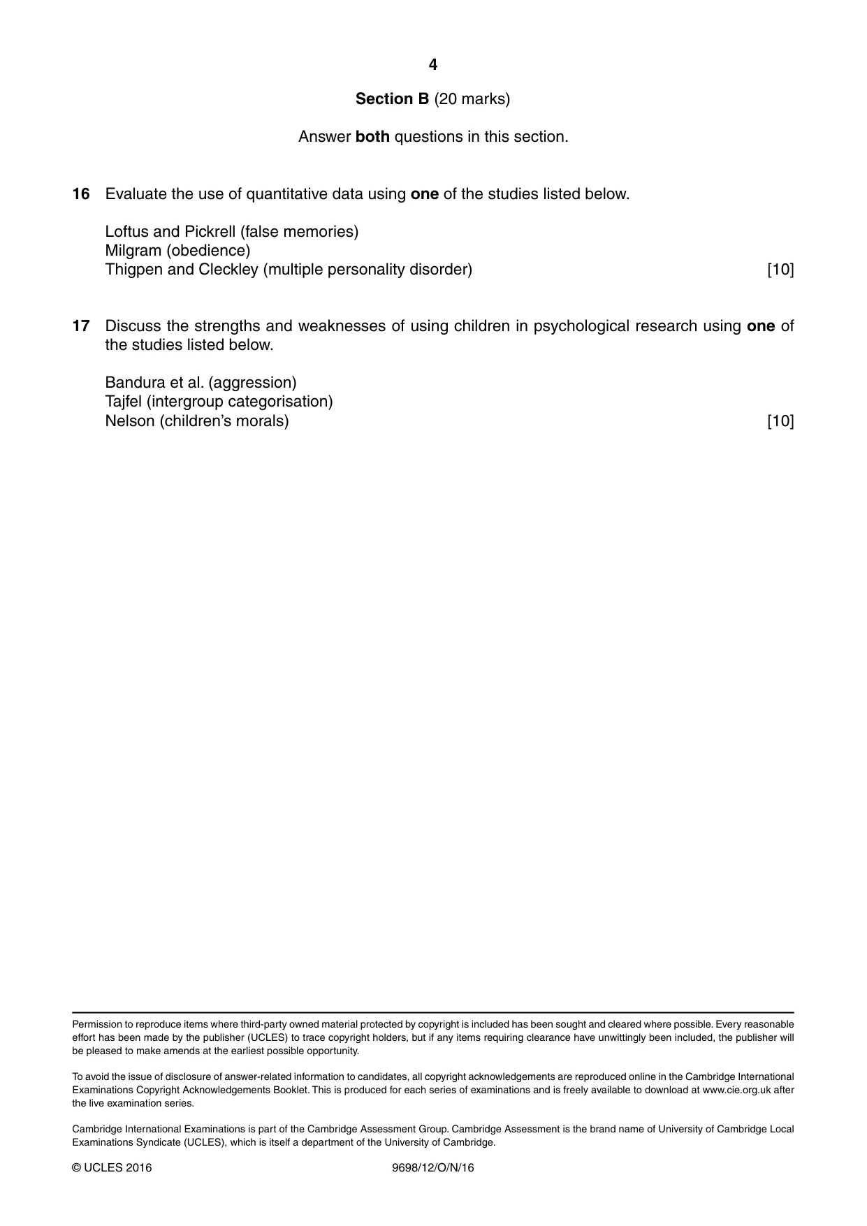 Cambridge A Level Psychology 9698 2016 Oct/Nov Paper 1 · Variant 2 question paper, page 4 of 4