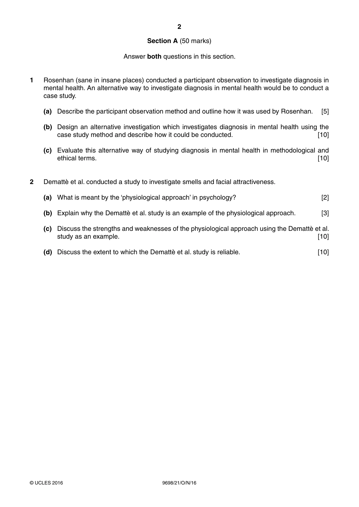 Cambridge A Level Psychology 9698 2016 Oct/Nov Paper 2 · Variant 1 question paper, page 2 of 4