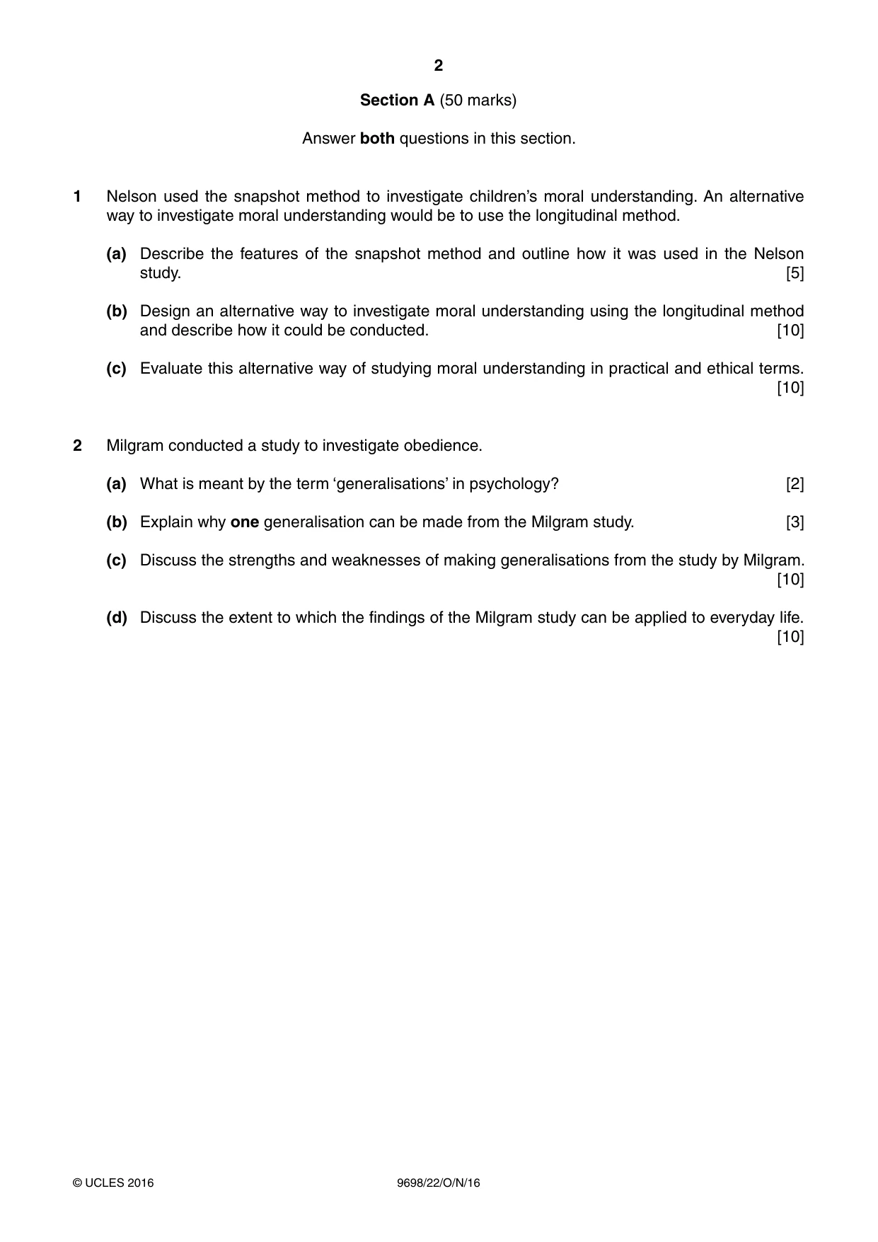 Cambridge A Level Psychology 9698 2016 Oct/Nov Paper 2 · Variant 2 question paper, page 2 of 4