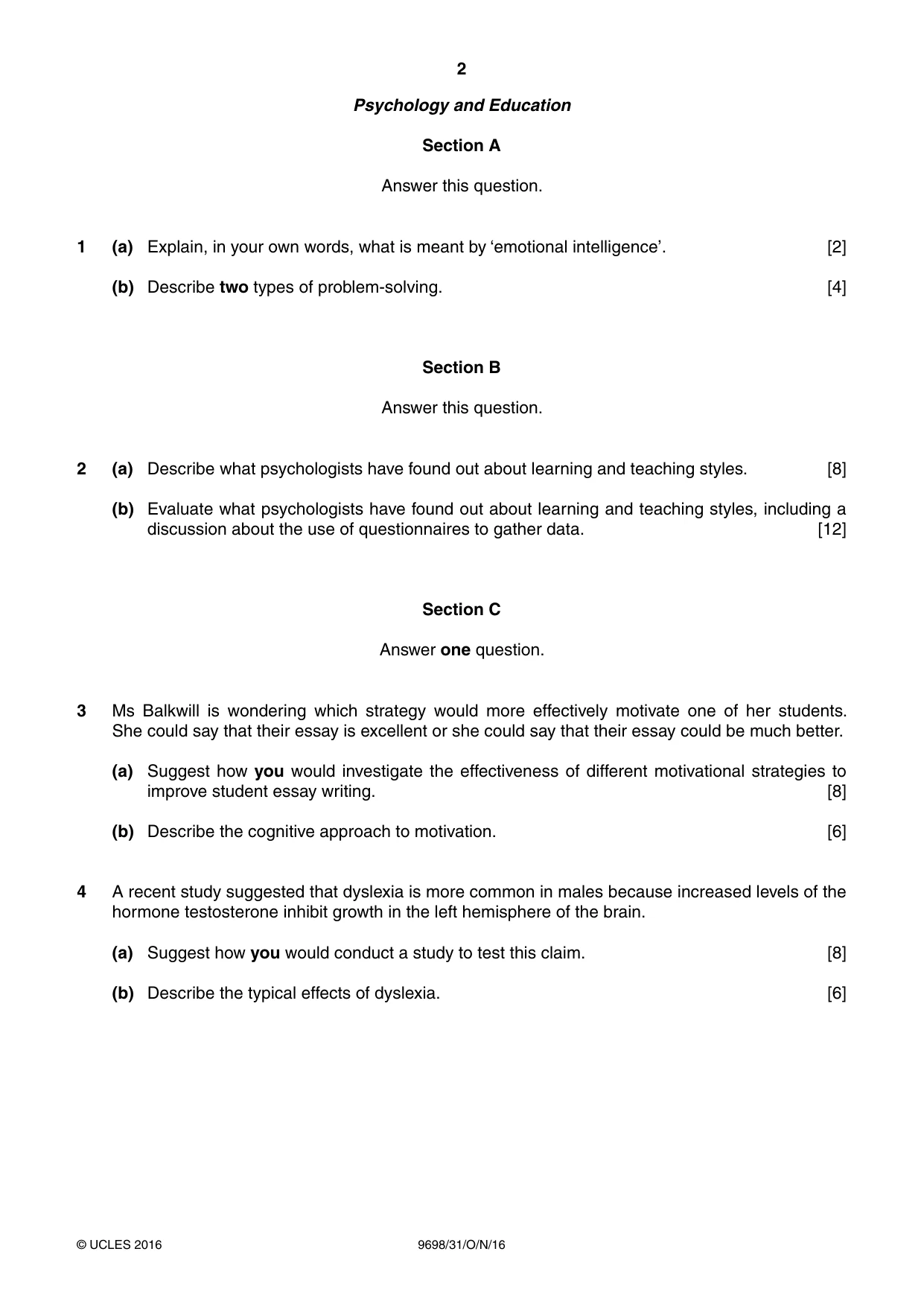 Cambridge A Level Psychology 9698 2016 Oct/Nov Paper 3 · Variant 1 question paper, page 2 of 8