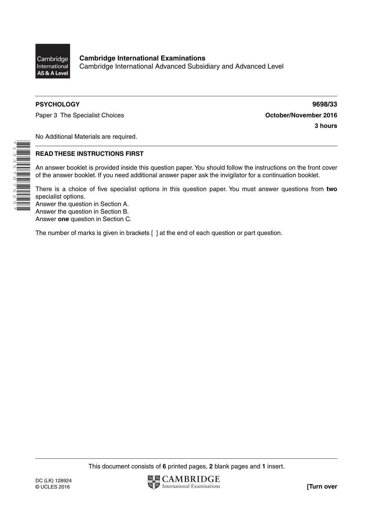 Cambridge A Level Psychology 9698 2016 Oct/Nov Paper 3 · Variant 3 question paper, page 1 of 8